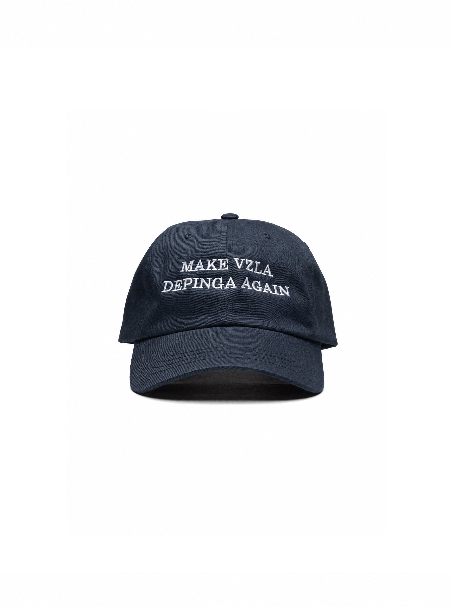 “Make Venezuela De Pinga Again” embroidered navy dad hat — Venezuelan political humor, front view #color_navy