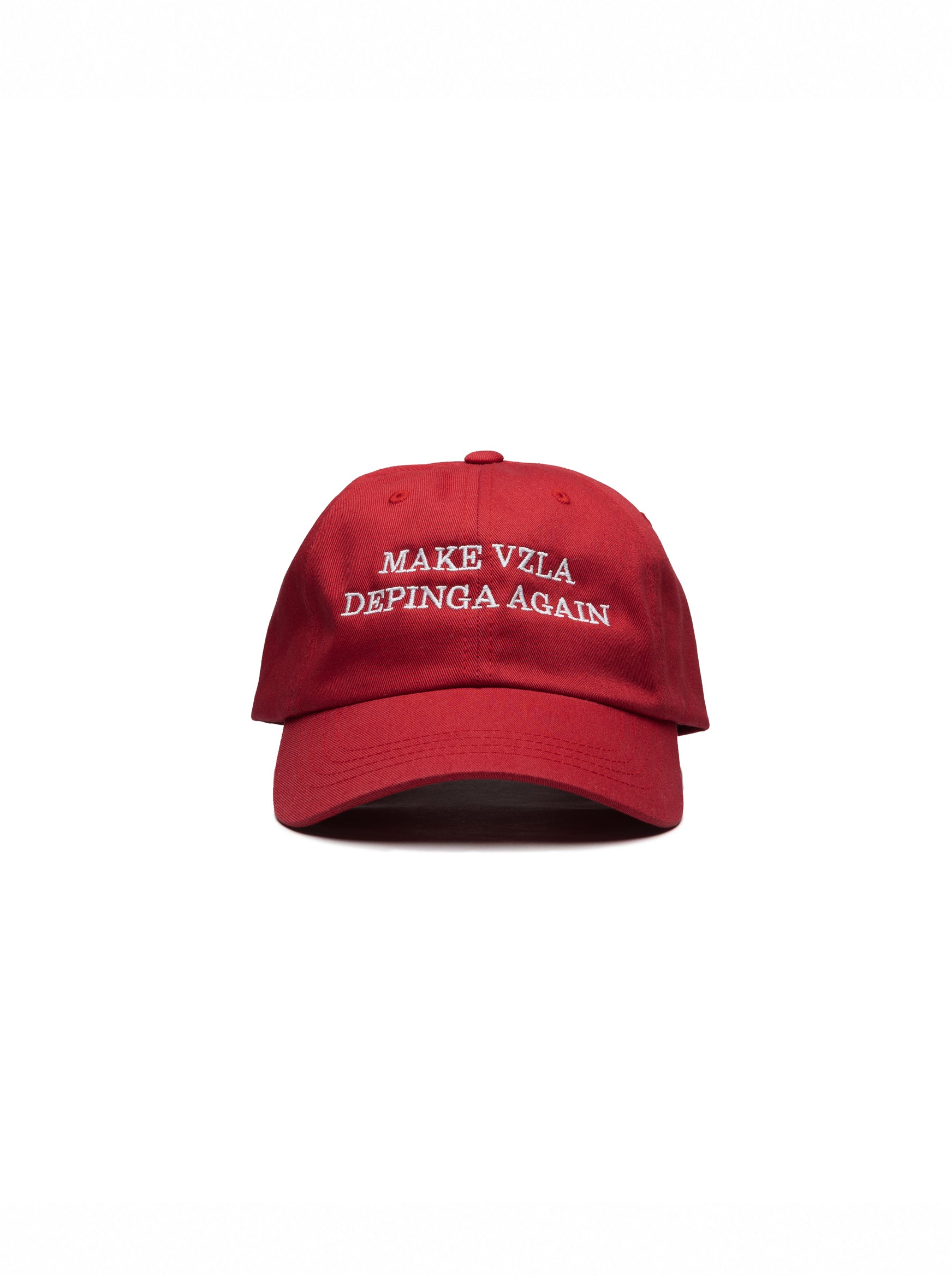 “Make Venezuela De Pinga Again” embroidered cranberry dad hat — Venezuelan political humor, front view #color_cranberry