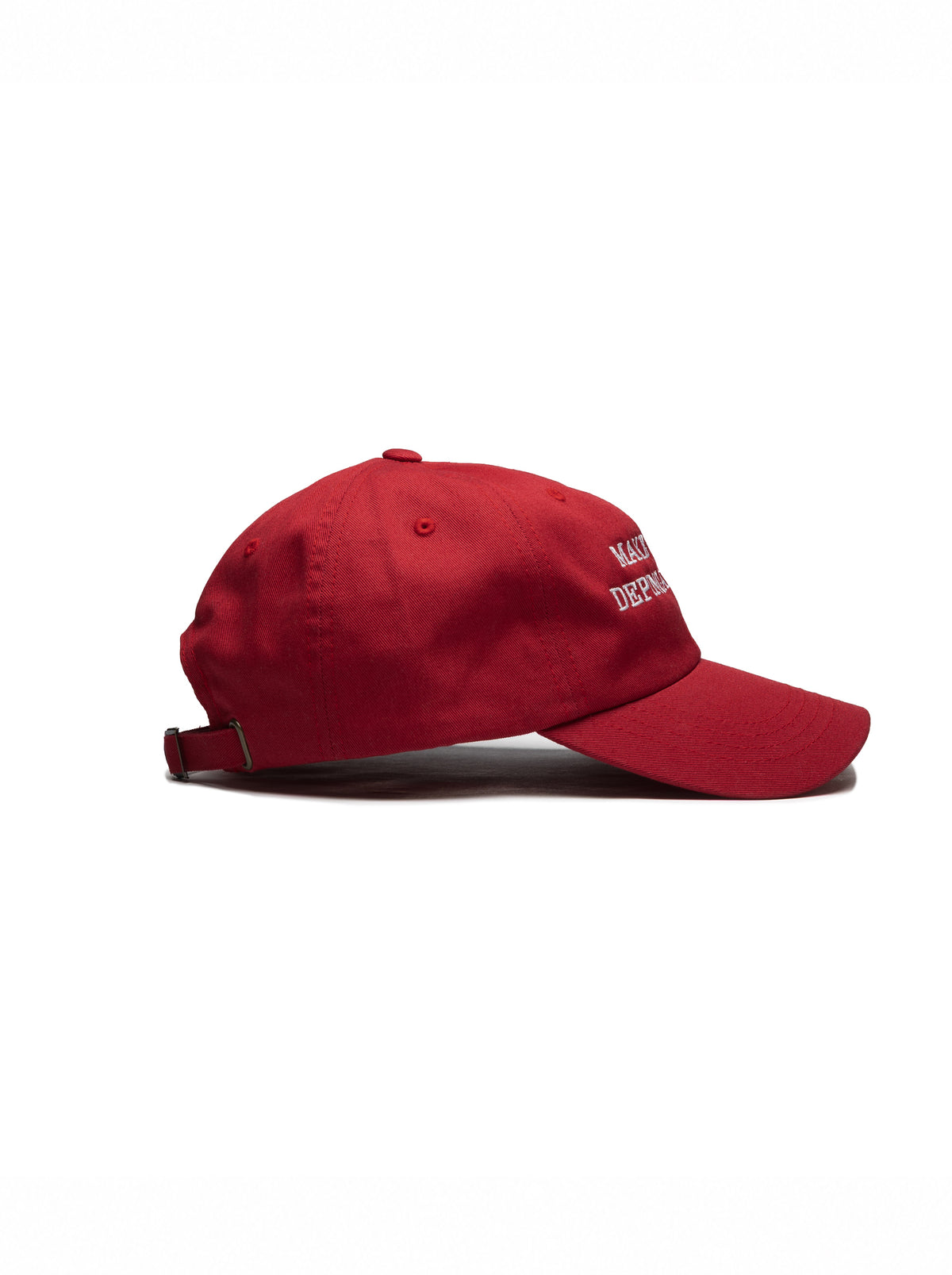 “Make Venezuela De Pinga Again” embroidered cranberry dad hat — Venezuelan political humor, side view #color_cranberry