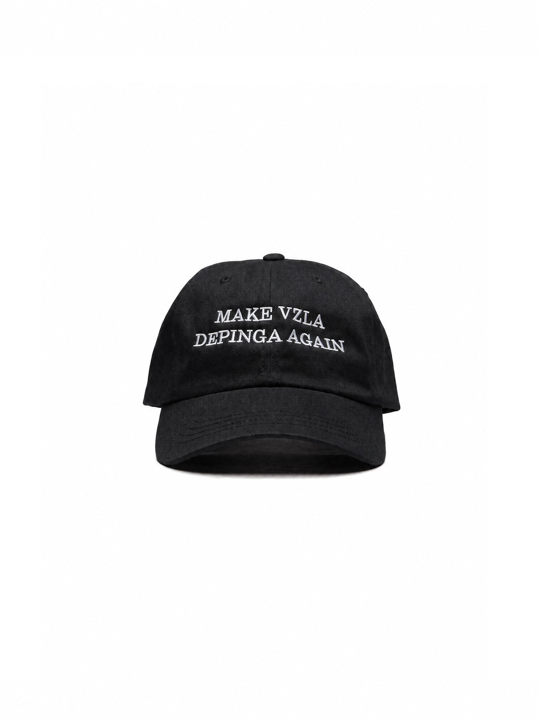 “Make Venezuela De Pinga Again” embroidered black dad hat — Venezuelan political humor, front view #color_black