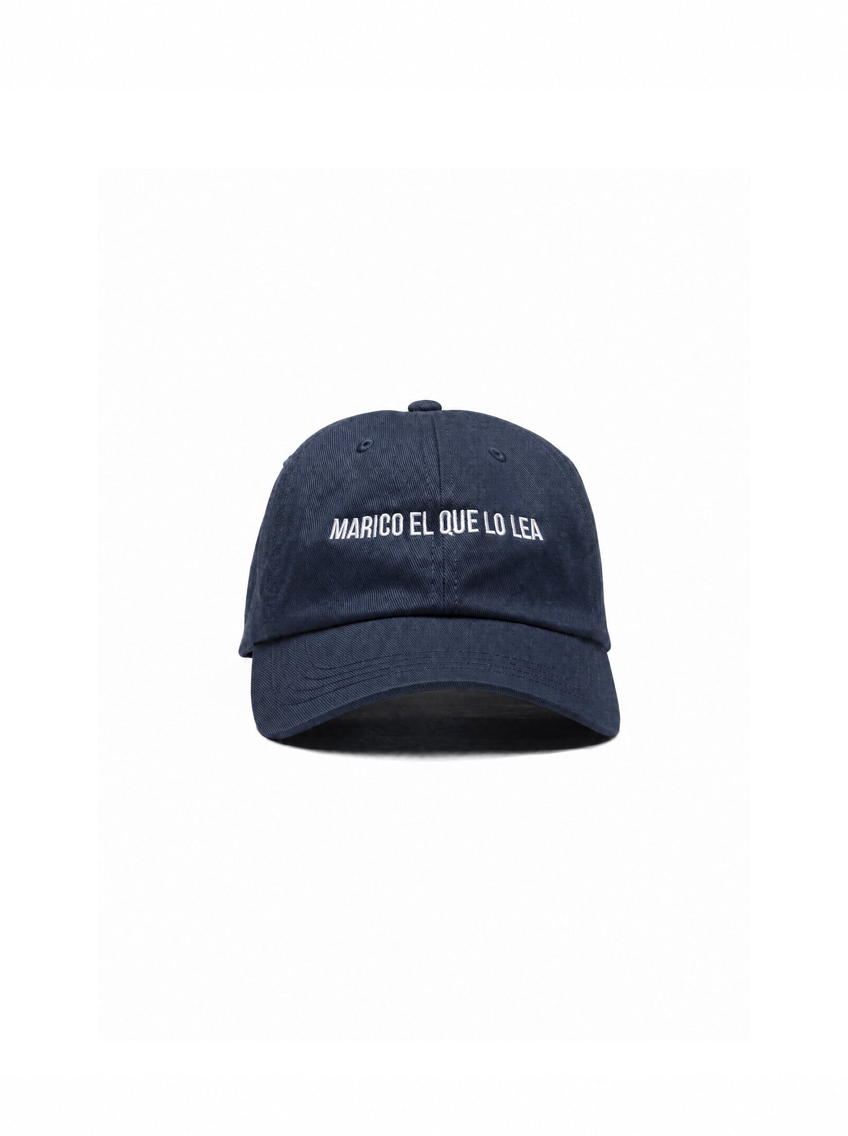 “Marico el que lo lea” embroidered navy dad cap — Venezuelan slang streetwear, front view #color_navy