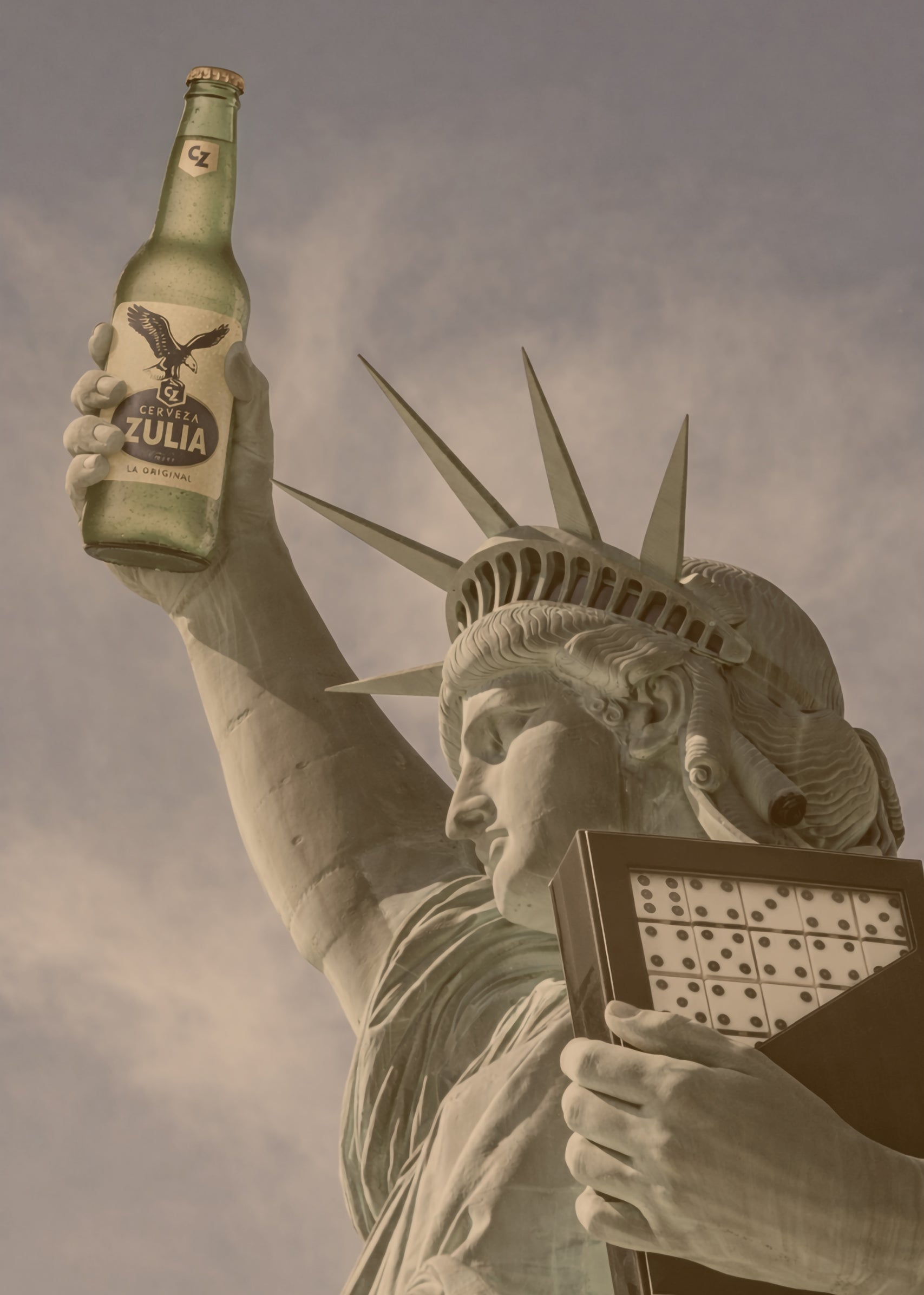 Statue of Liberty with Cerveza Zulia and Venezuelan dominoes — VEZLA Venezuelan American pride clothing design, diaspora streetwear