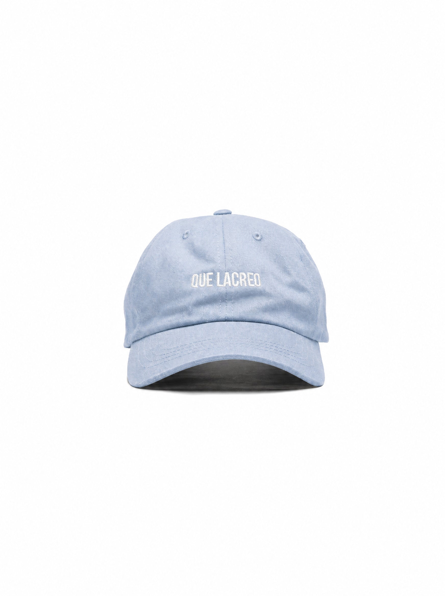 “Que Lacreo” embroidered light blue dad hat — Venezuelan slang streetwear, front view #color_light_blue