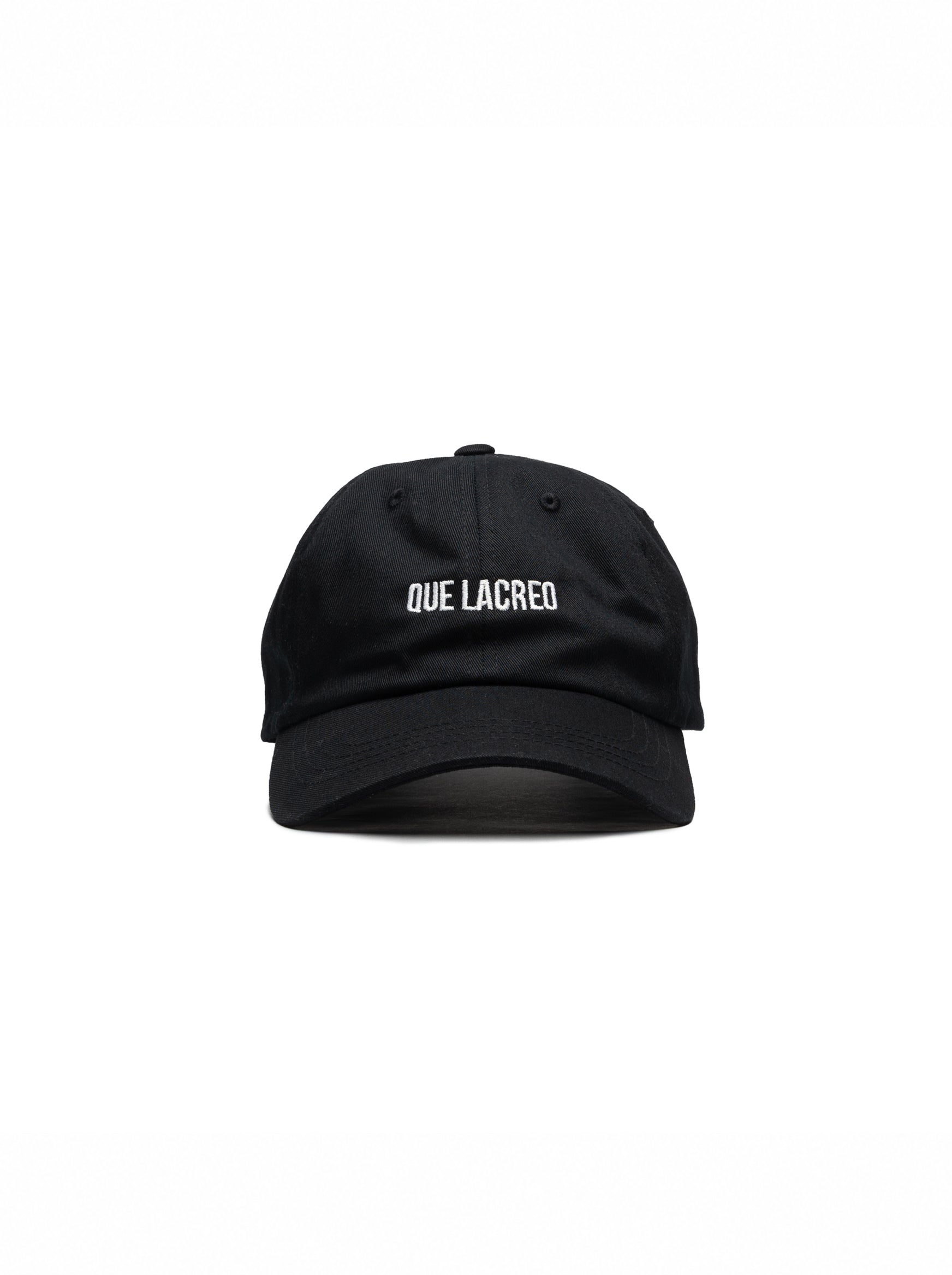 “Que Lacreo” embroidered black dad hat — Venezuelan slang streetwear, front view #color_black