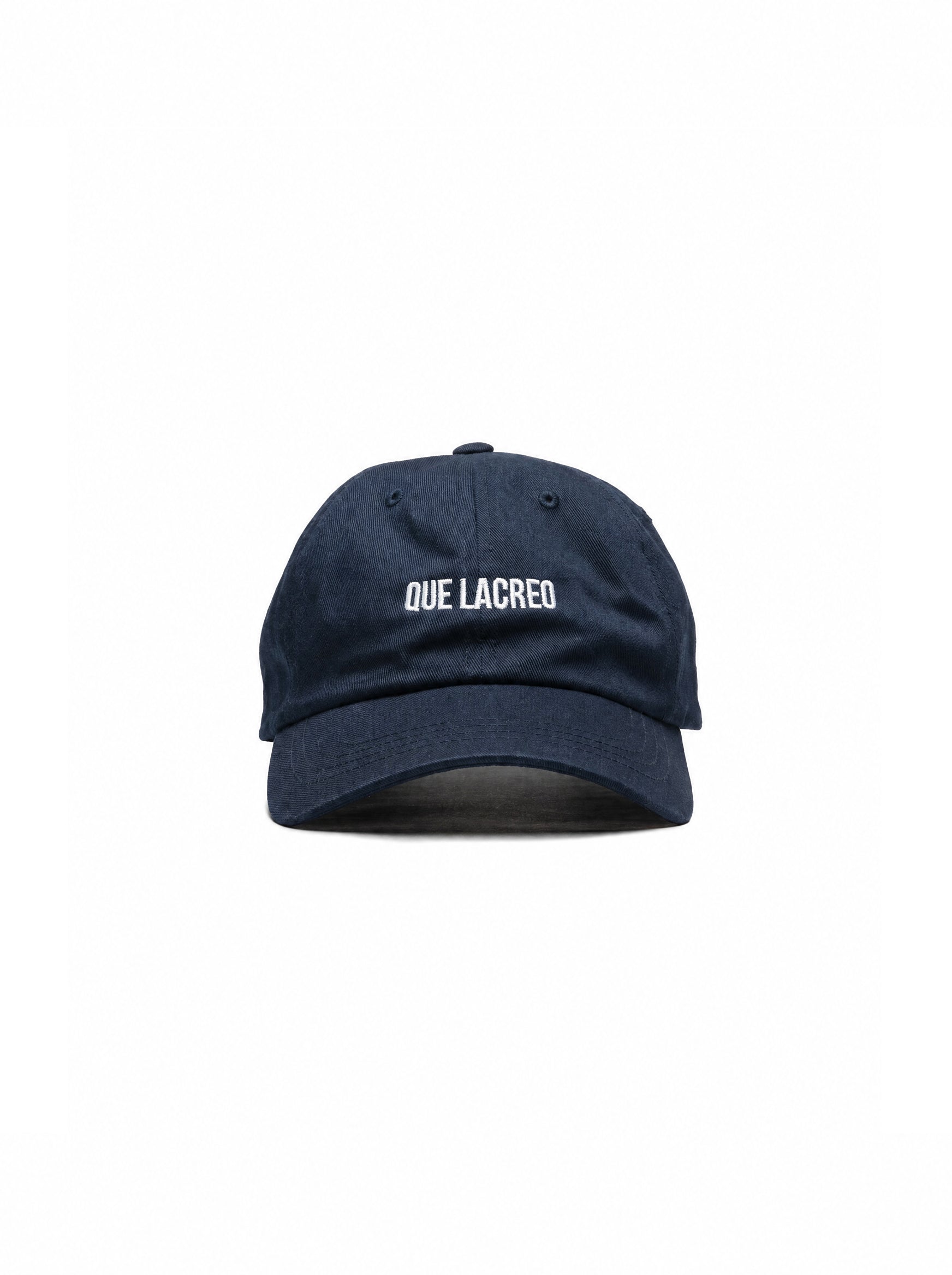“Que Lacreo” embroidered navy dad hat — Venezuelan slang streetwear, front view #color_navy