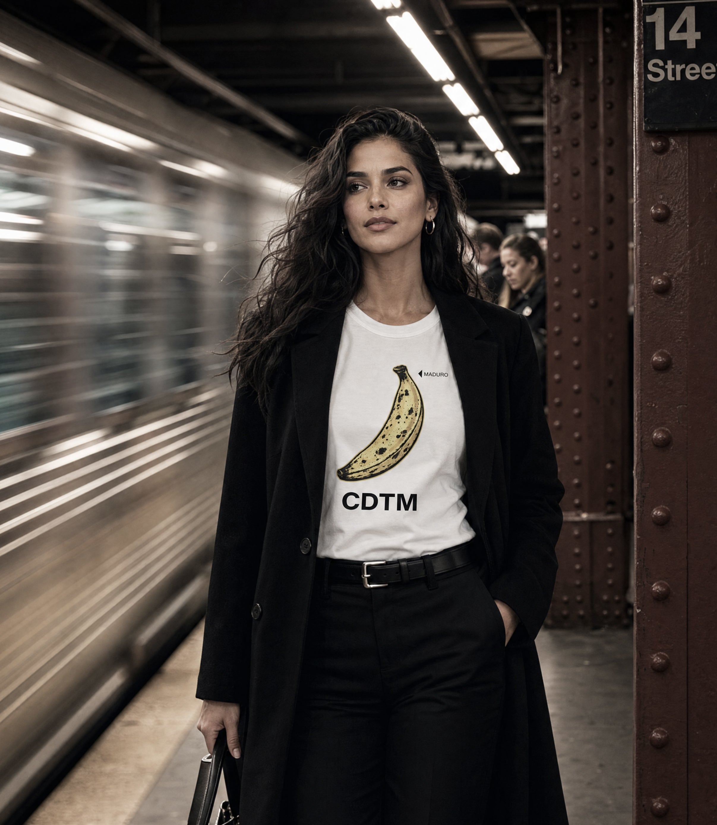 VEZLA CDTM Maduro banana t-shirt — Venezuelan anti-Maduro streetwear worn in New York City subway