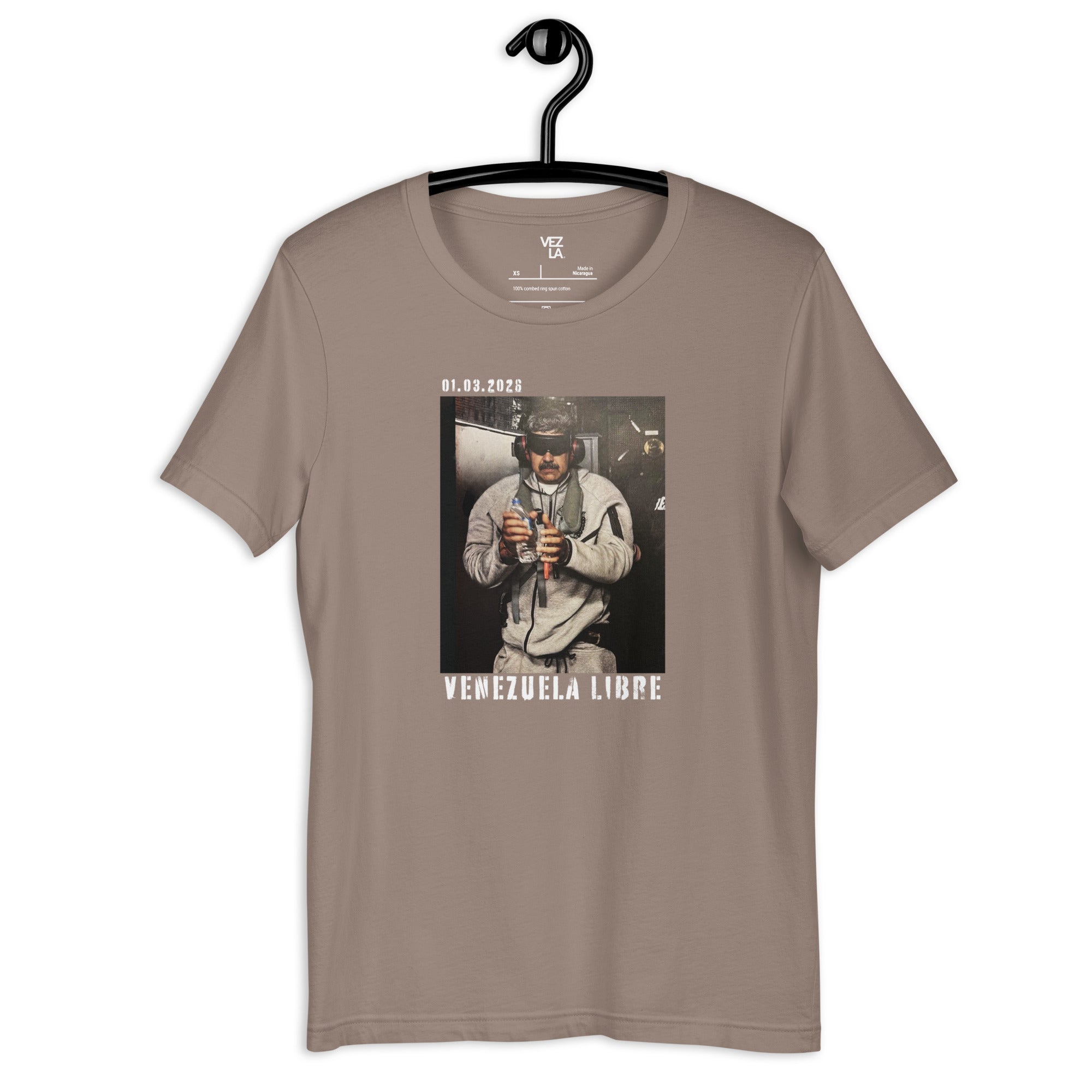 January 3rd 2026 “Venezuela Libre” t-shirt in pebble, front view — Venezuelan t-shirt #color_pebble
