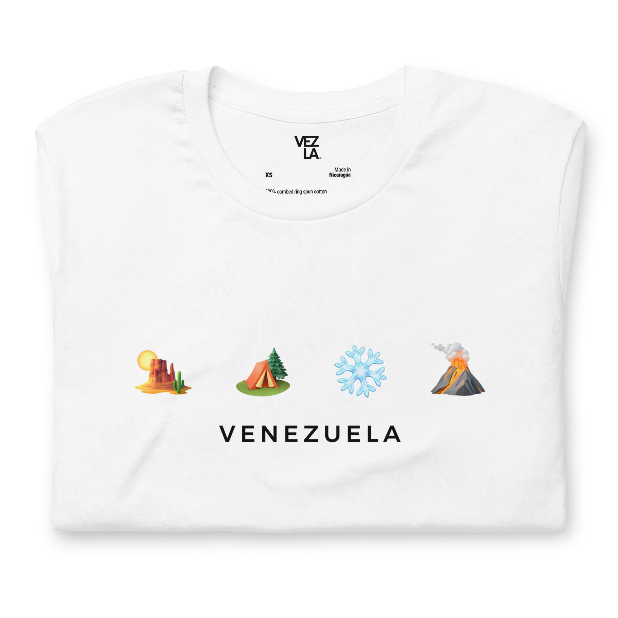 “Desierto, selva, nieve y volcán” t-shirt in white, folded detail — ropa venezolana #color_white