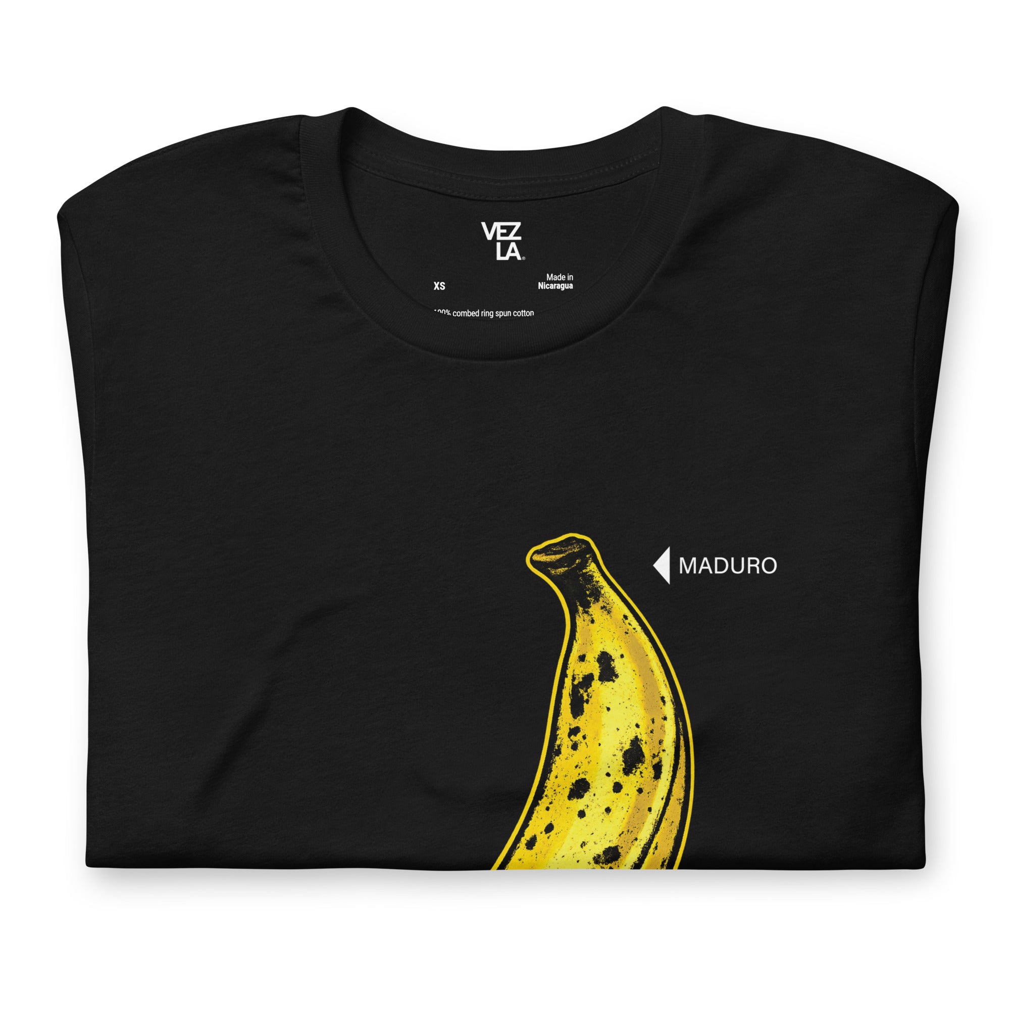 “Maduro CDTM” t-shirt in black, folded detail — Venezuelan political humor #color_black