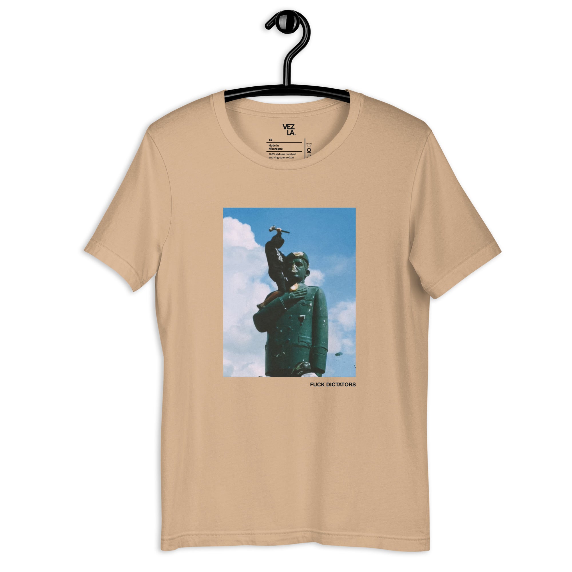 “F*ck Dictators” Chávez statue t-shirt in tan, front view — Venezuelan political humor #color_tan