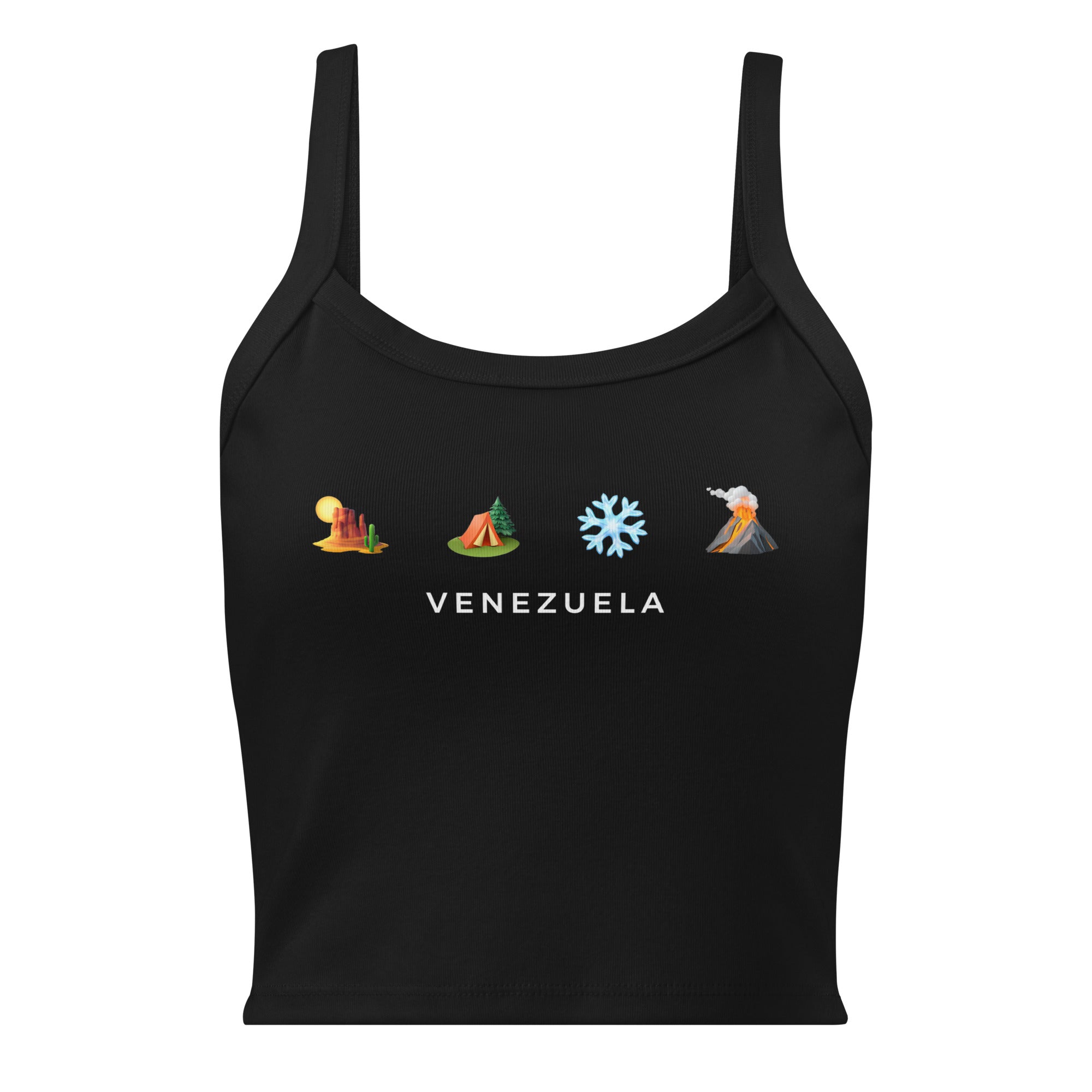 Desierto Selva Nieve y Volcán women's tank top in solid black blend, front view — ropa venezolana #color_solid_black_blend