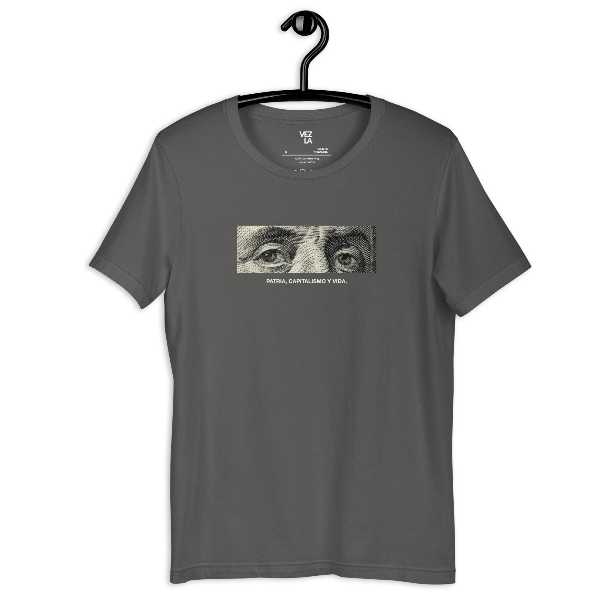 “Patria, Capitalismo y Vida” t-shirt in asphalt, front view — Venezuelan political humor #color_asphalt