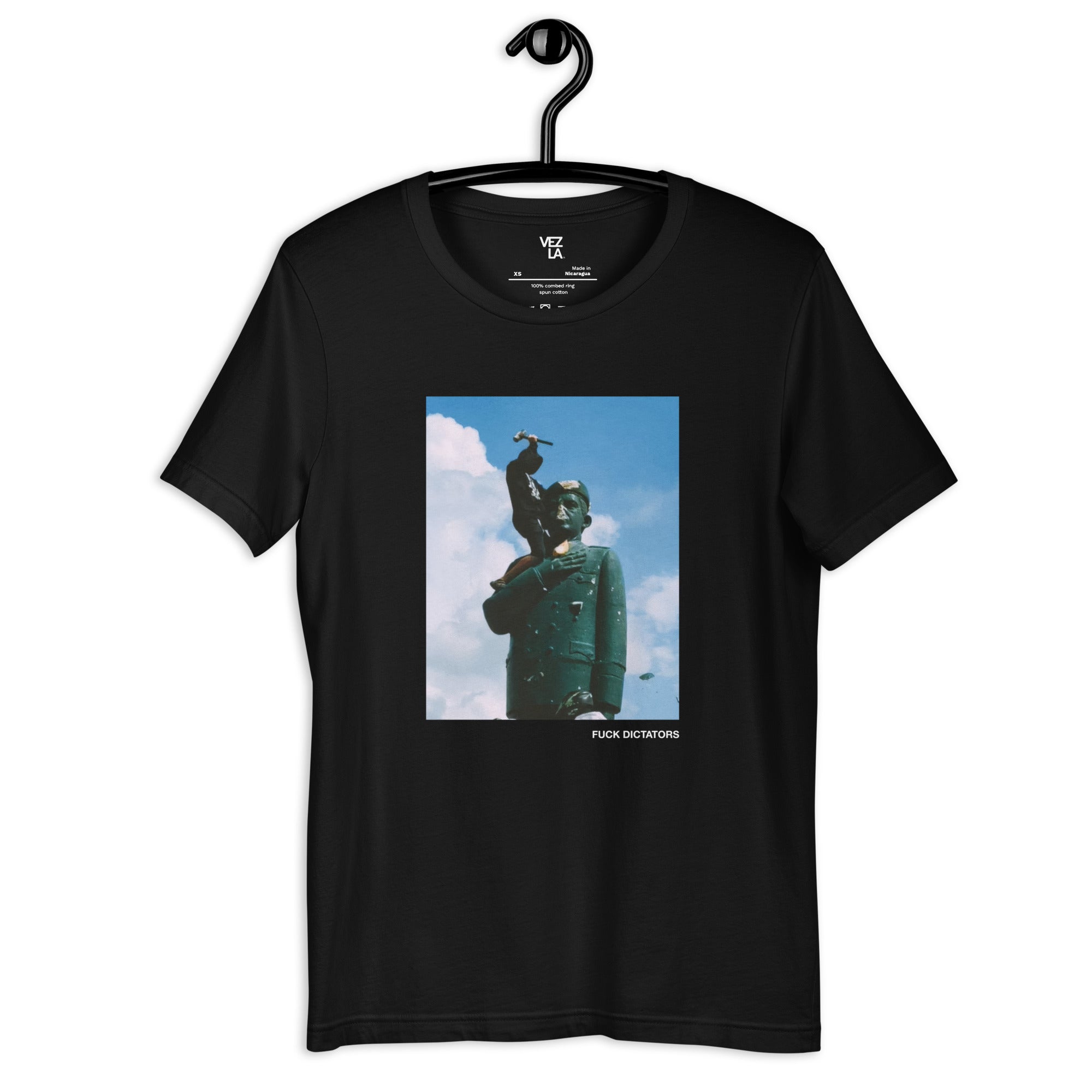 “F*ck Dictators” Chávez statue t-shirt in black, front view — Venezuelan political humor #color_black