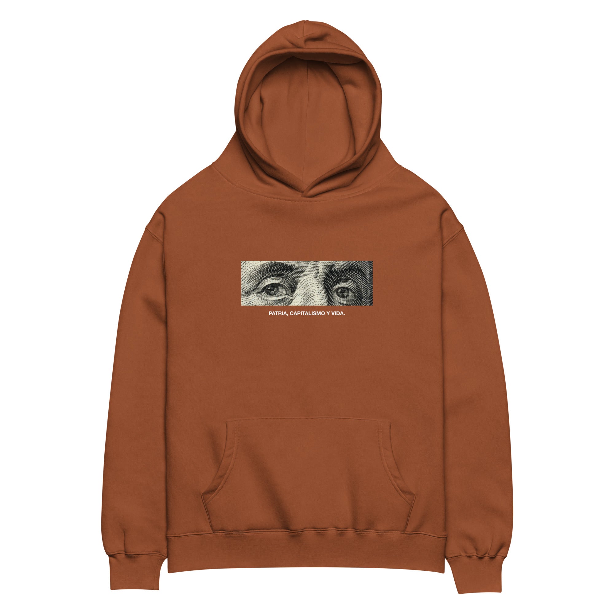 “Patria, Capitalismo y Vida” oversized hoodie in clay, front view — Venezuelan political humor #color_clay