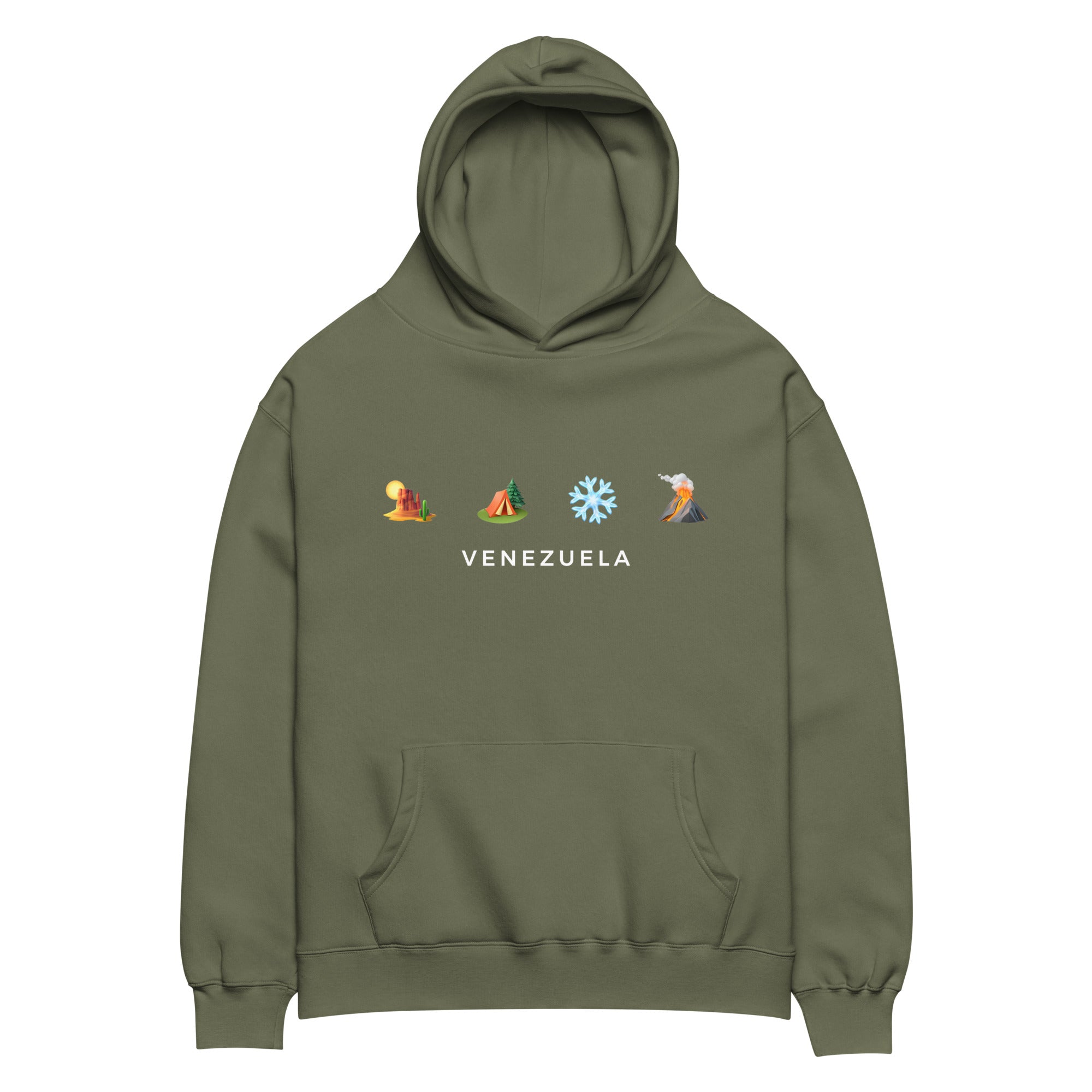 “Desierto, Selva, Nieve y Volcán” oversized hoodie in cypress, front view — ropa venezolana #color_cypress
