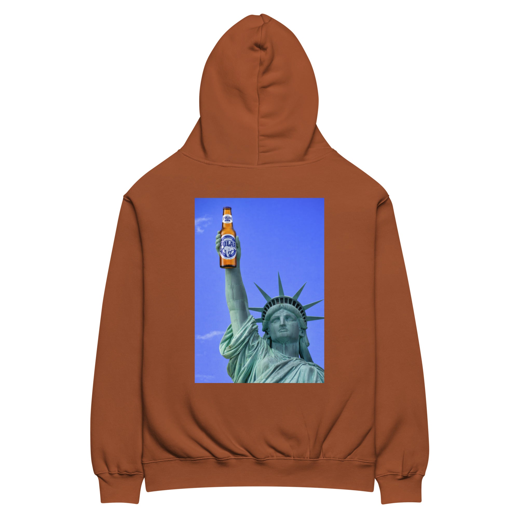Statue of Liberty holding Polar beer oversized hoodie in clay, front view — Venezuelan American #color_clay