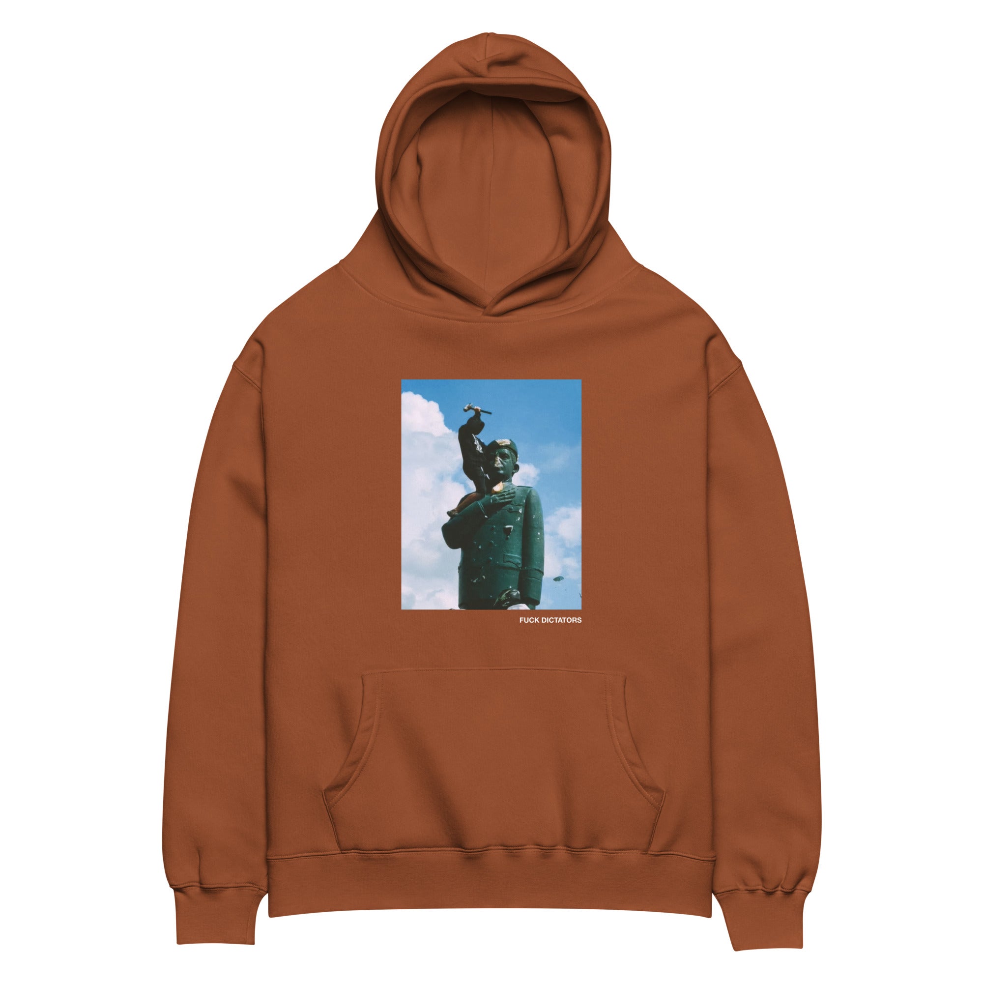 “F*ck Dictators” Chávez statue oversized hoodie in clay, front view — Venezuelan political humor #color_clay