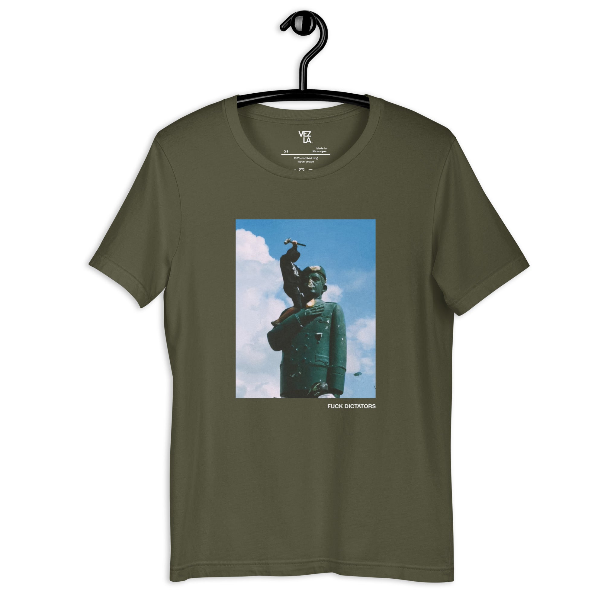 “F*ck Dictators” Chávez statue t-shirt in military green, front view — Venezuelan political humor #color_military_green