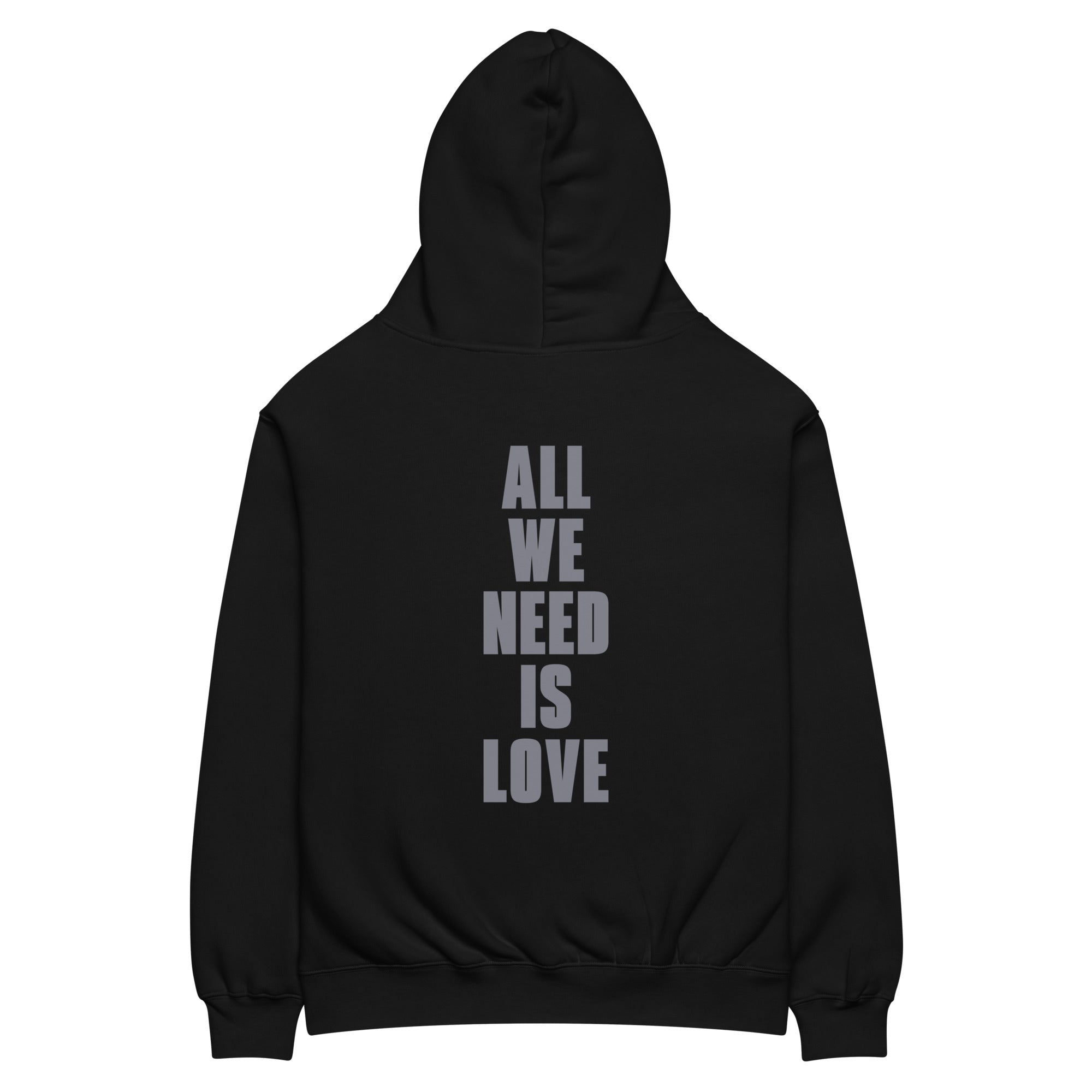 Canserbero portrait hoodie in black with “All We Need Is Love” back print, back view — Canserbero merch #color_black