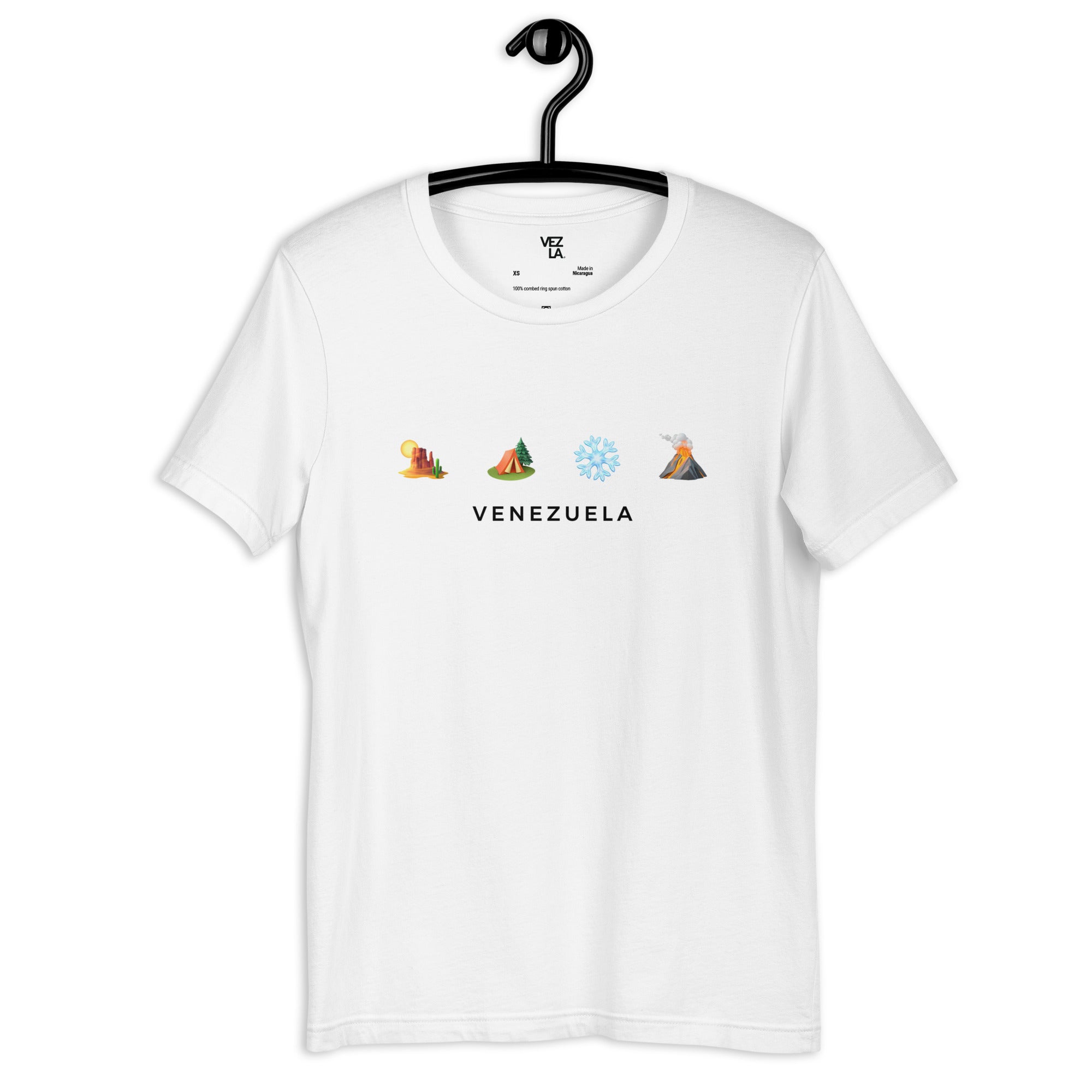 “Desierto, selva, nieve y volcán” t-shirt in white, front view — ropa venezolana #color_white