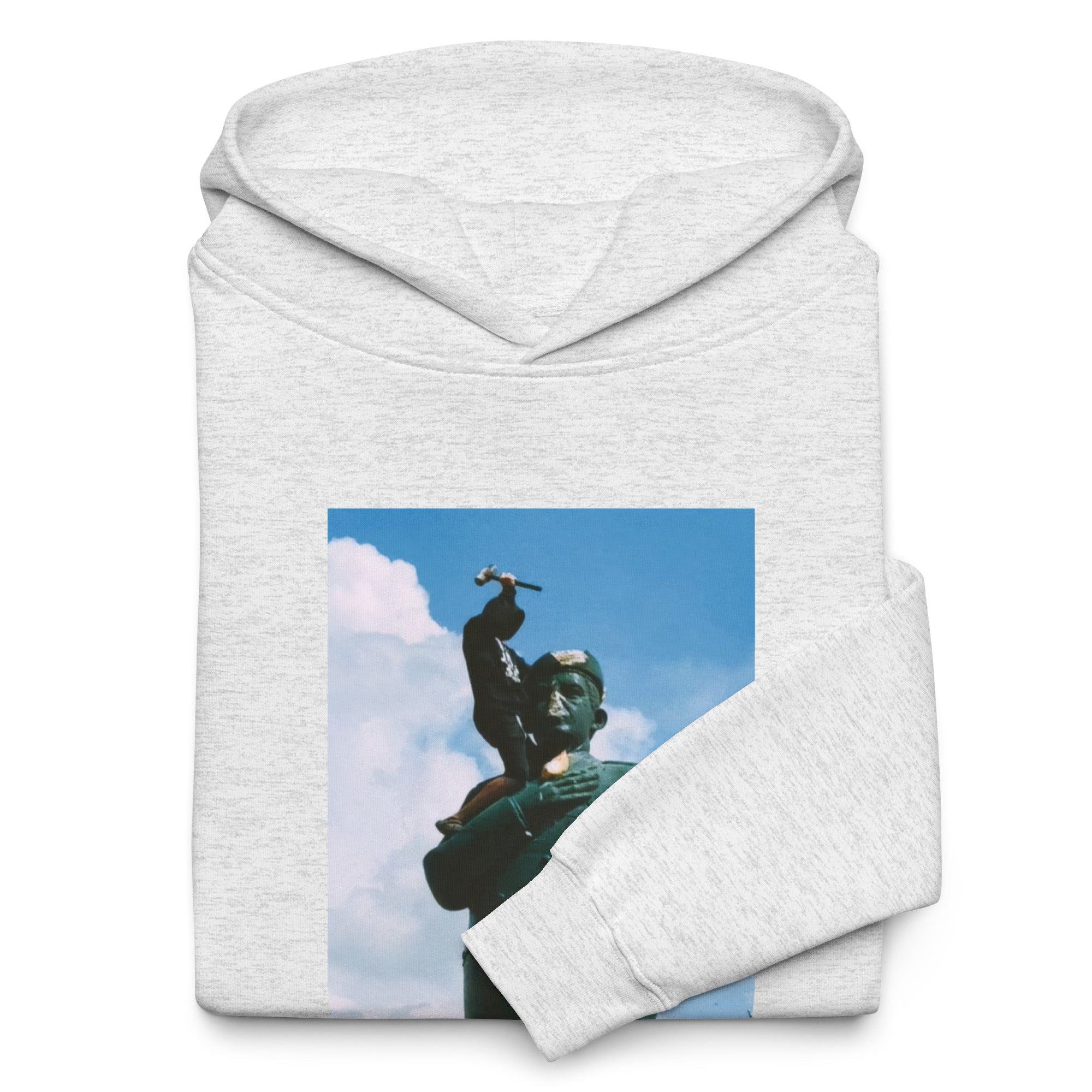 “F*ck Dictators” Chávez statue oversized hoodie in white heather, folded detail — Venezuelan political humor #color_white_heather