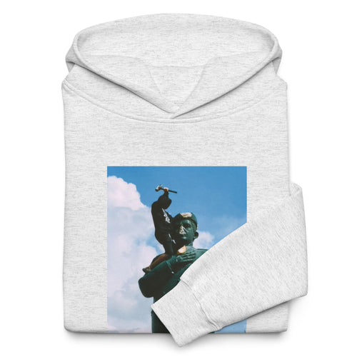 “F*ck Dictators” Chávez statue oversized hoodie in white heather, folded detail — Venezuelan political humor #color_white_heather