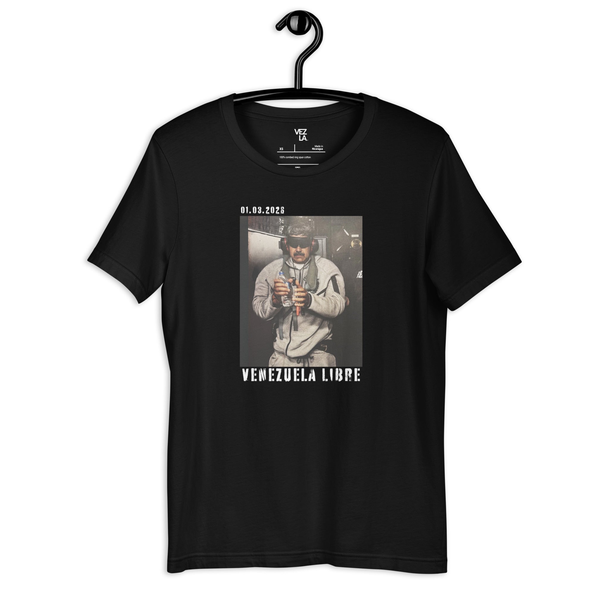 January 3rd 2026 “Venezuela Libre” t-shirt in black, front view — Venezuelan t-shirt #color_black
