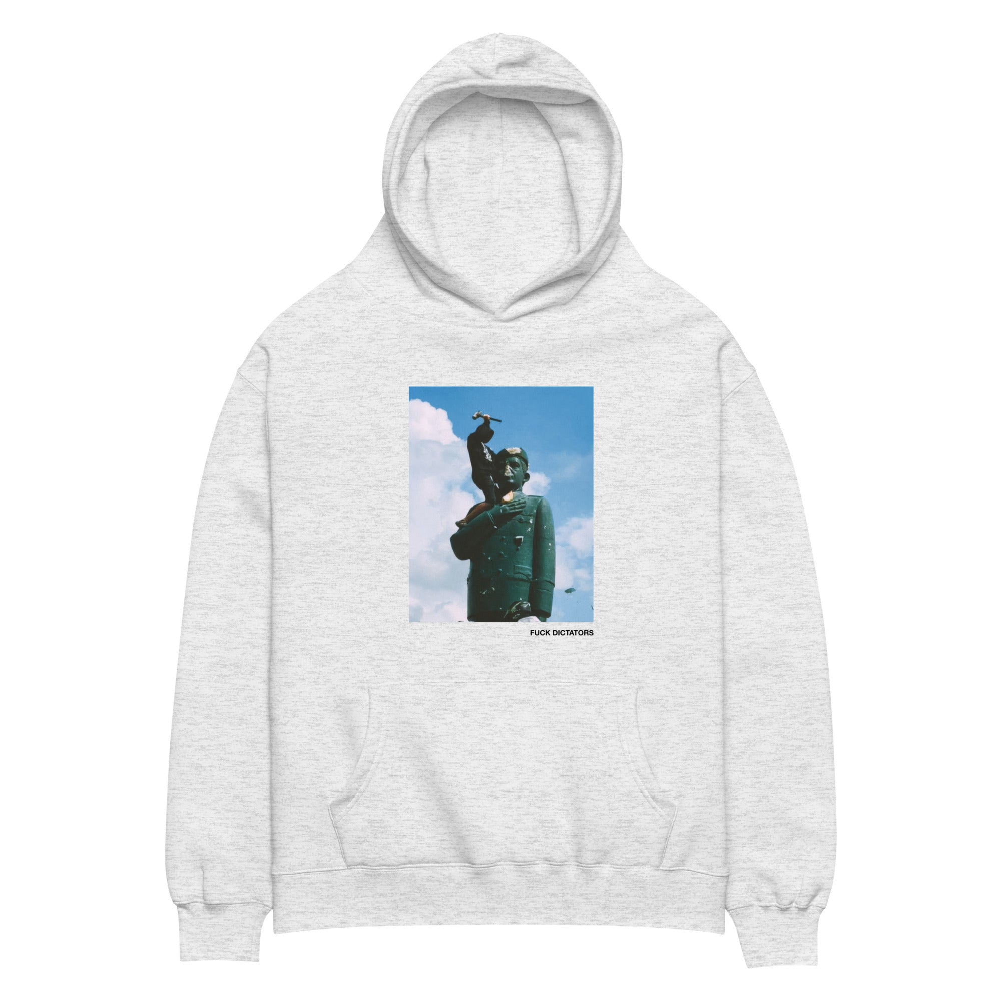 “F*ck Dictators” Chávez statue oversized hoodie in white heather, front view — Venezuelan political humor #color_white_heather