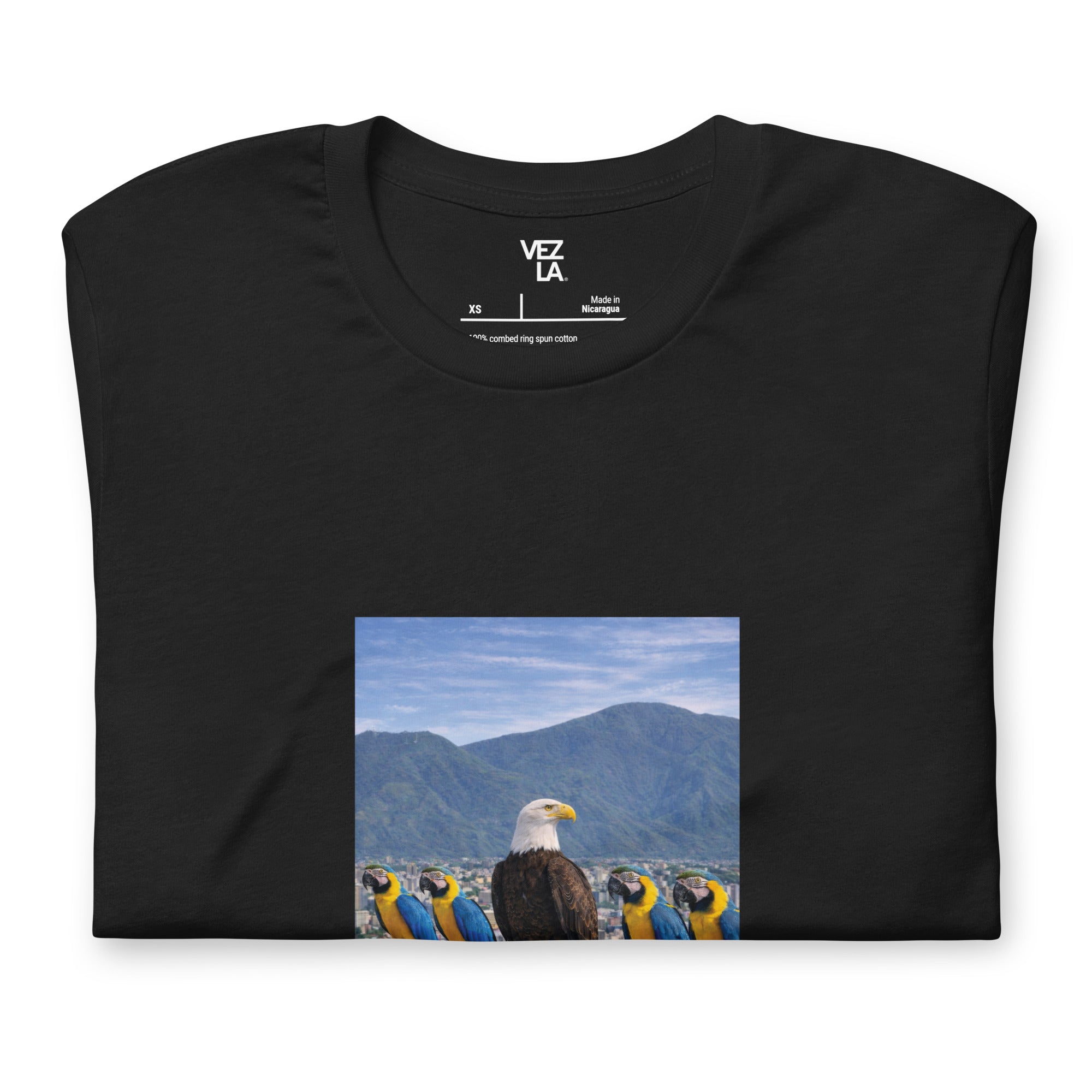 White eagle and guacamayas t-shirt in vintage black, folded detail — Venezuelan t-shirt #color_vintage_black