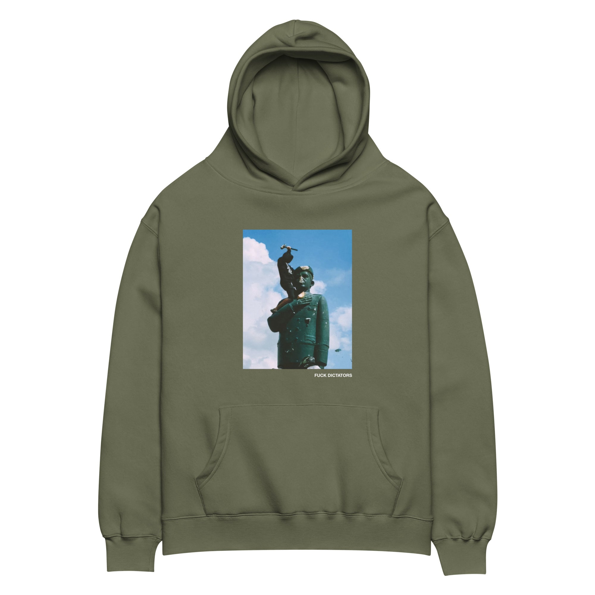 “F*ck Dictators” Chávez statue oversized hoodie in cypress, front view — Venezuelan political humor #color_cypress