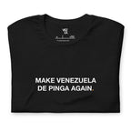 “Make Venezuela De Pinga Again” t-shirt in black, folded detail — Venezuelan political humor #color_black