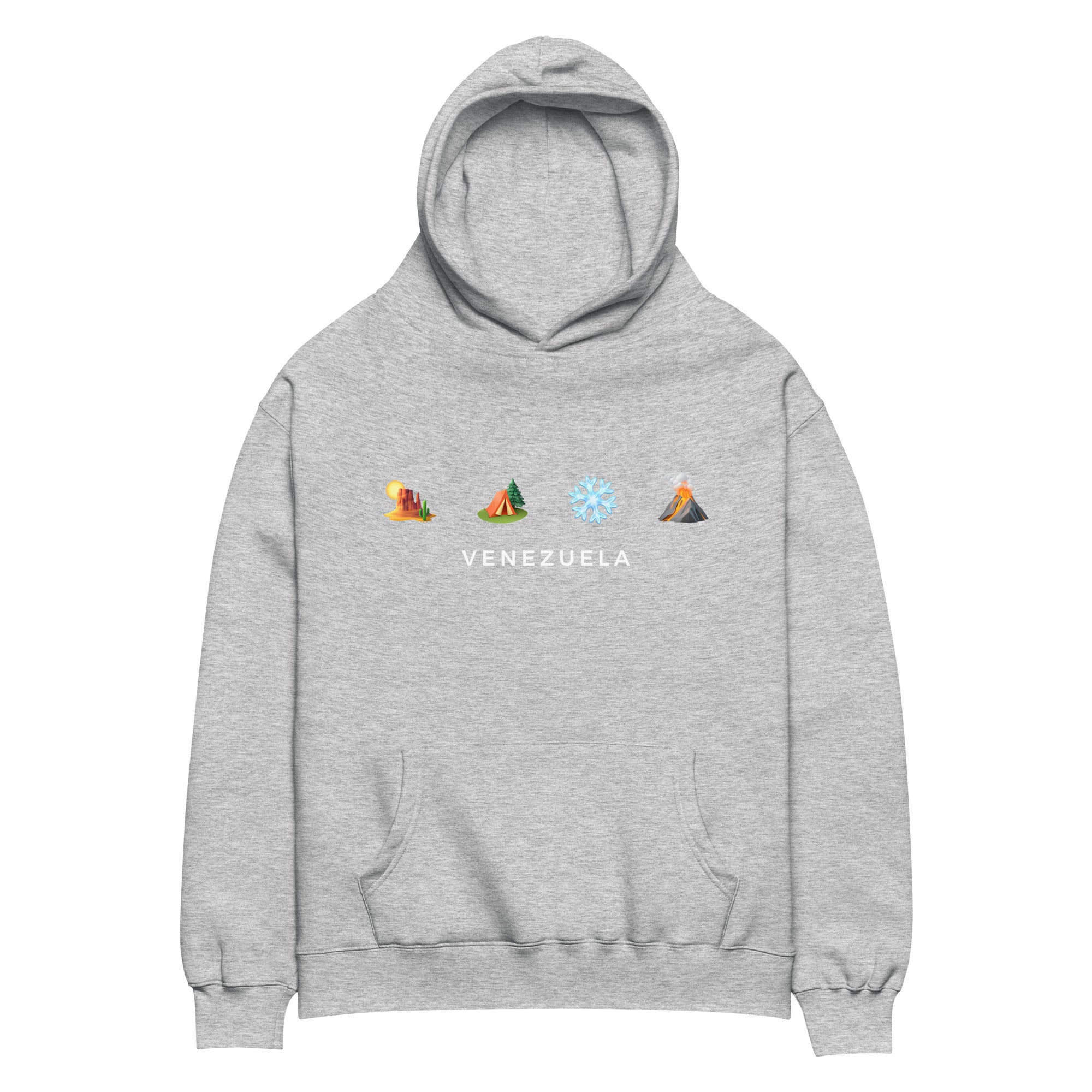 “Desierto, Selva, Nieve y Volcán” oversized hoodie in athletic heather, front view — ropa venezolana #color_athletic_heather