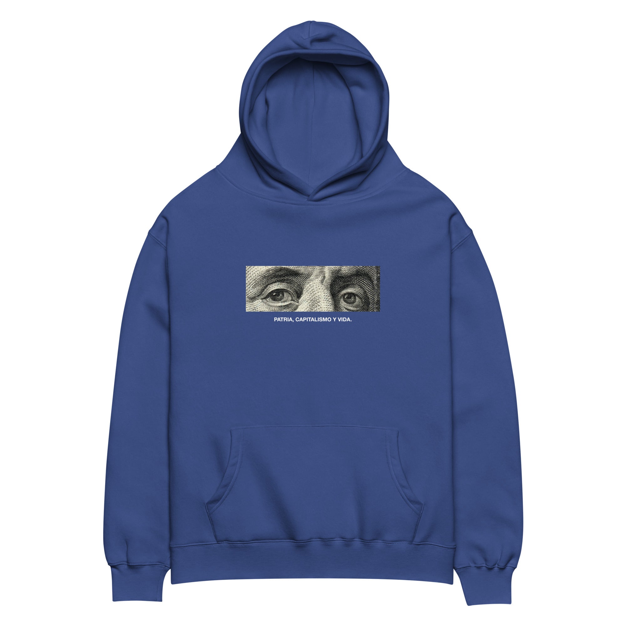 “Patria, Capitalismo y Vida” oversized hoodie in cobalt, front view — Venezuelan political humor #color_cobalt