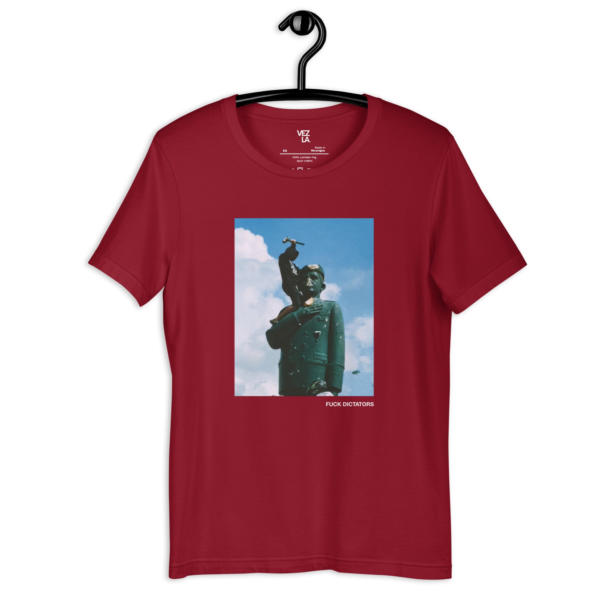 “F*ck Dictators” Chávez statue t-shirt in cardinal, front view — Venezuelan political humor #color_cardinal