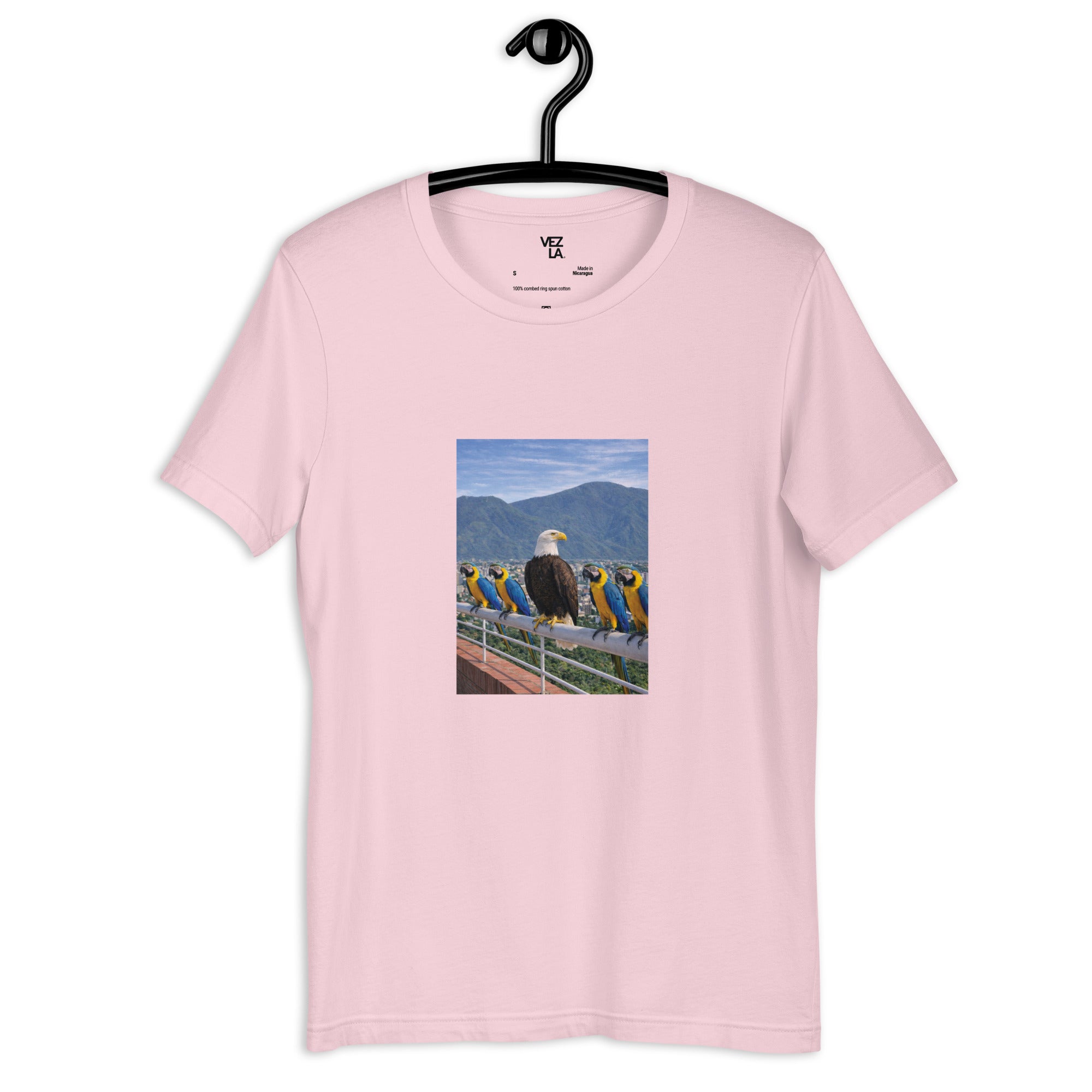 White eagle and guacamayas t-shirt in soft pink, front view — Venezuelan t-shirt #color_soft_pink