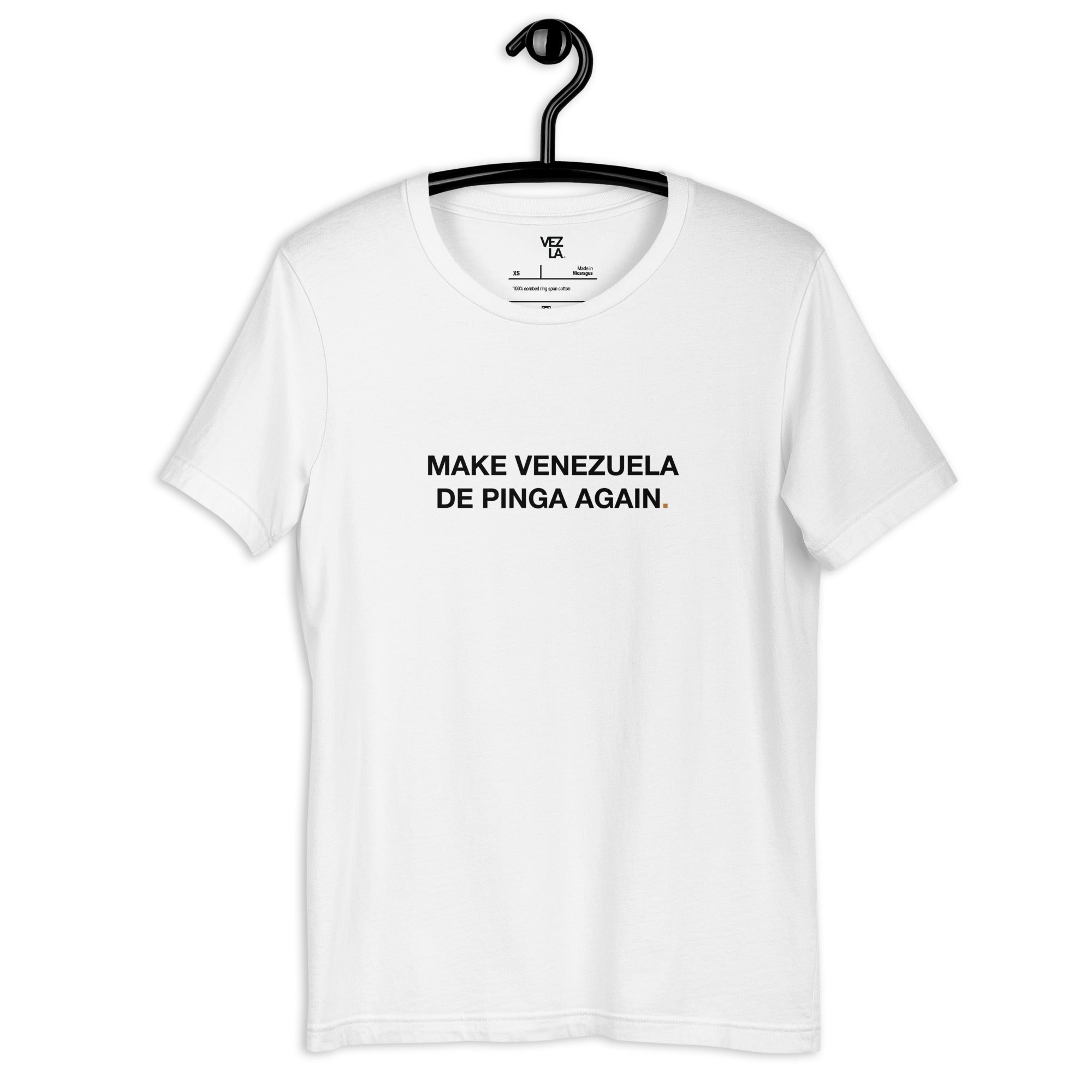 “Make Venezuela De Pinga Again” t-shirt in white, front view — Venezuelan political humor #color_white