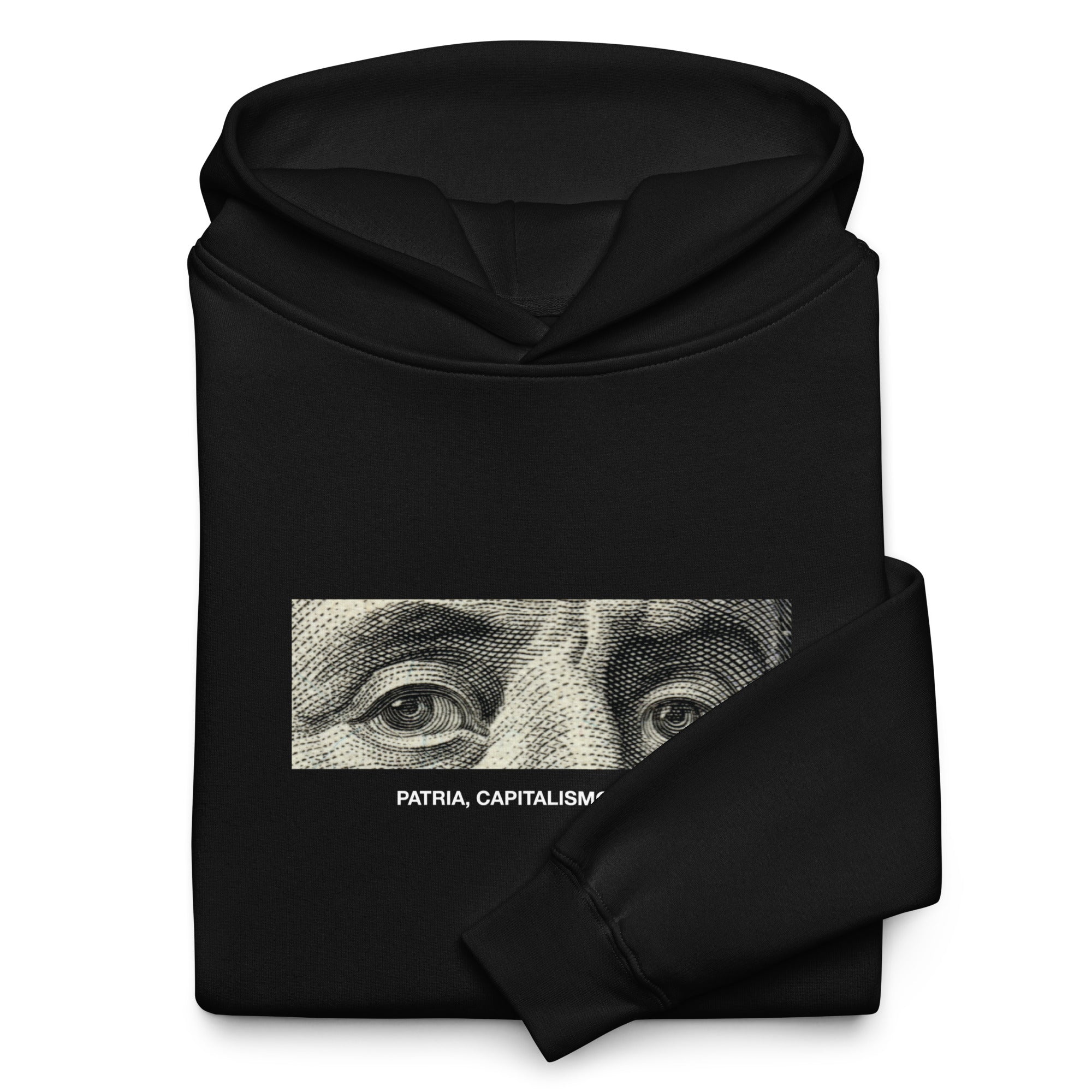 “Patria, Capitalismo y Vida” oversized hoodie in black, folded detail — Venezuelan political humor #color_black