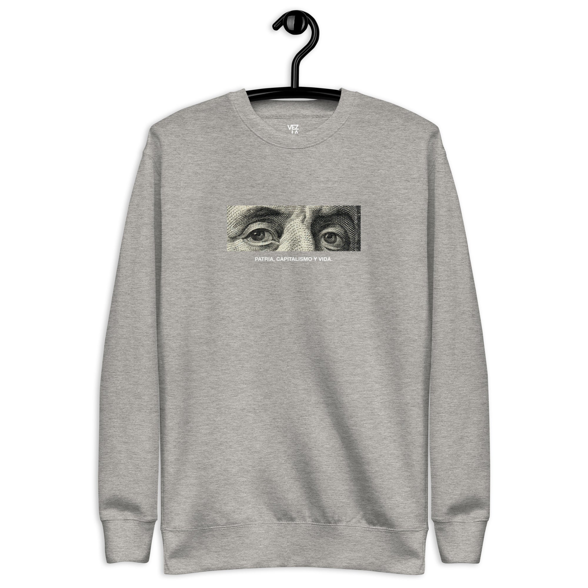 “Patria, Capitalismo y Vida” premium sweatshirt in carbon grey, front view — Venezuelan political humor #color_carbon_grey