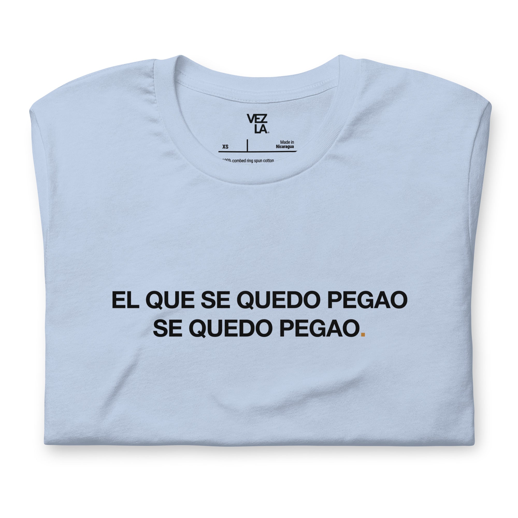 “El Que Se Quedo Pegao” t-shirt in baby blue, folded detail — Venezuelan t-shirt #color_baby_blue