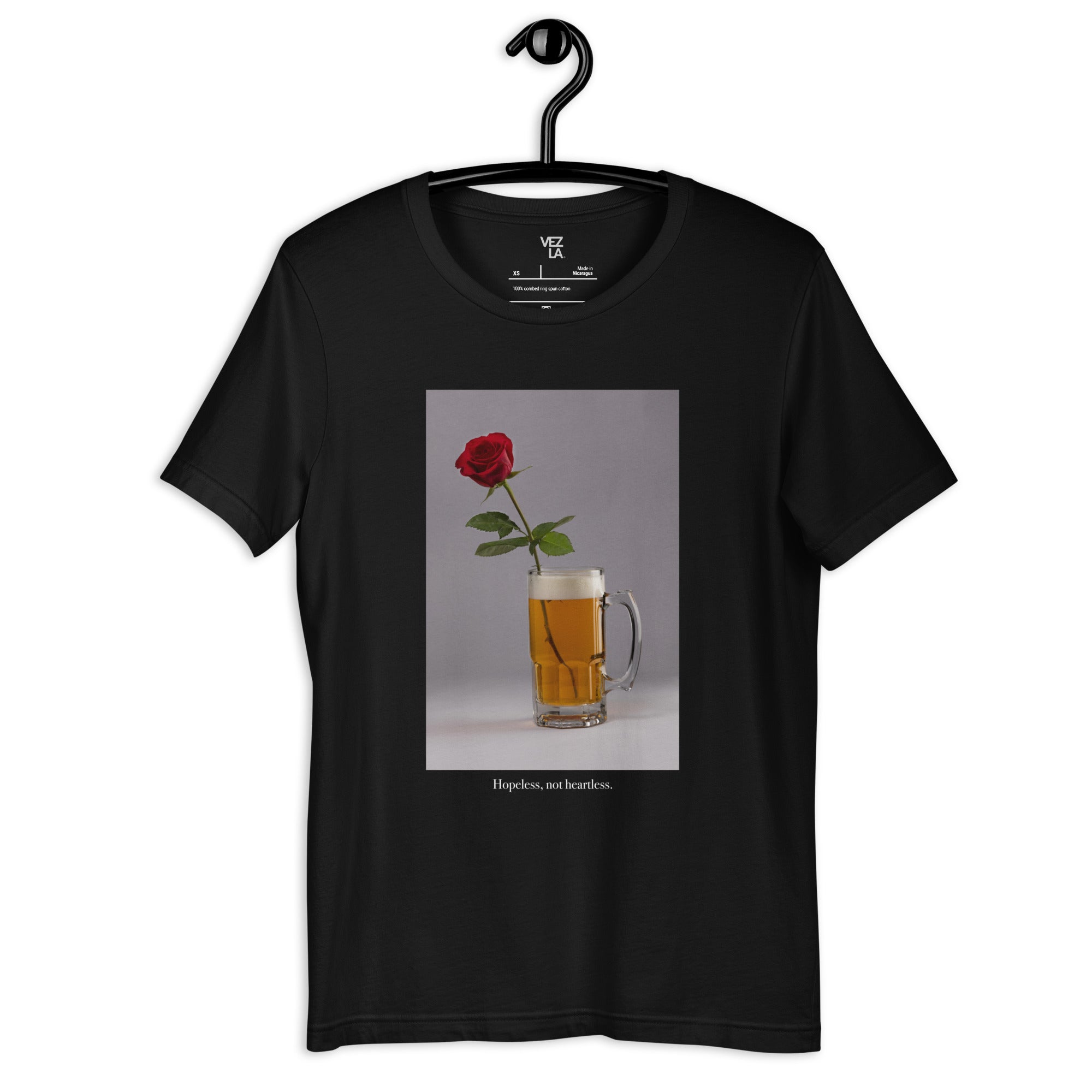 “Hopeless, not heartless” t-shirt in black, front view — Venezuelan streetwear #color_black