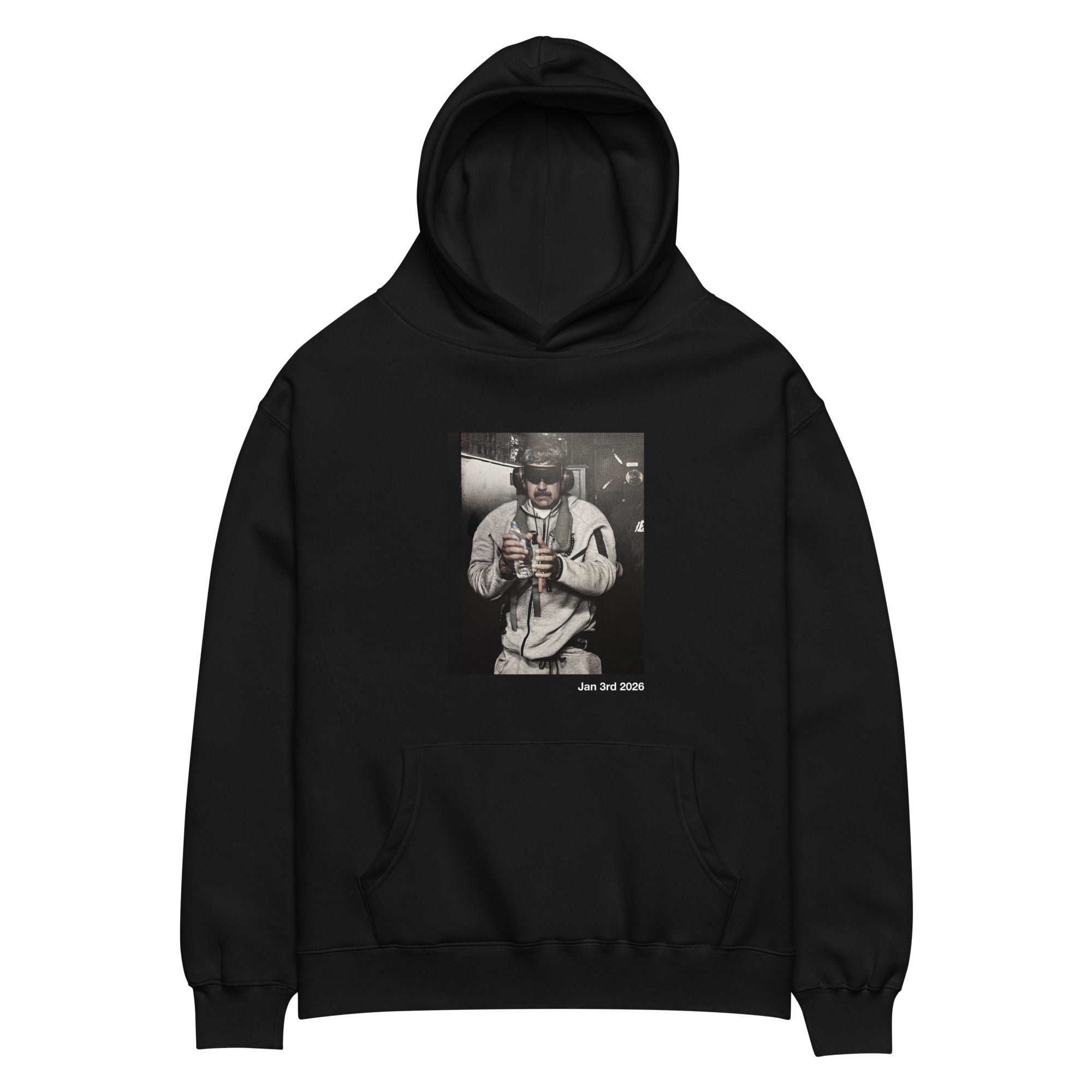 January 3rd 2026 oversized hoodie in black, front view — ropa venezolana #color_black