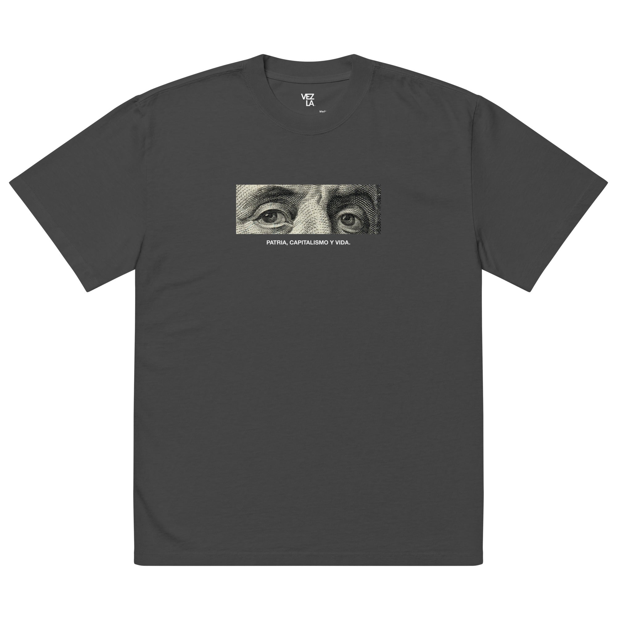 “Patria, Capitalismo y Vida” oversized faded tee in faded black, front view — Venezuelan political humor #color_faded_black