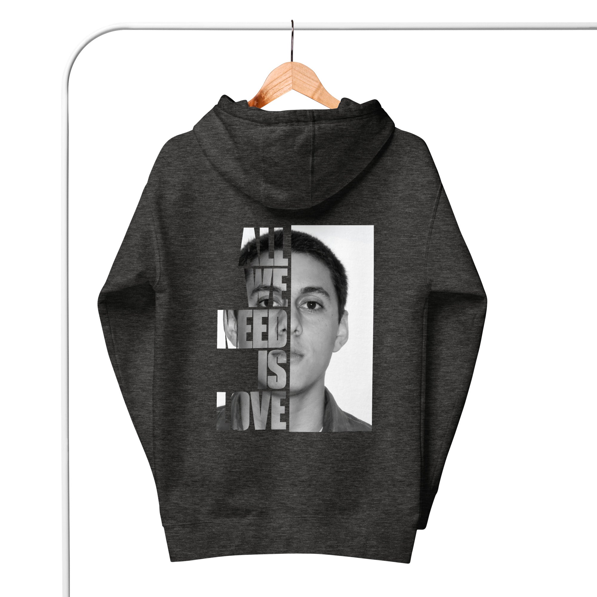 Canserbero “All We Need Is Love” hoodie in charcoal heather, front view — Canserbero merch #color_charcoal_heather