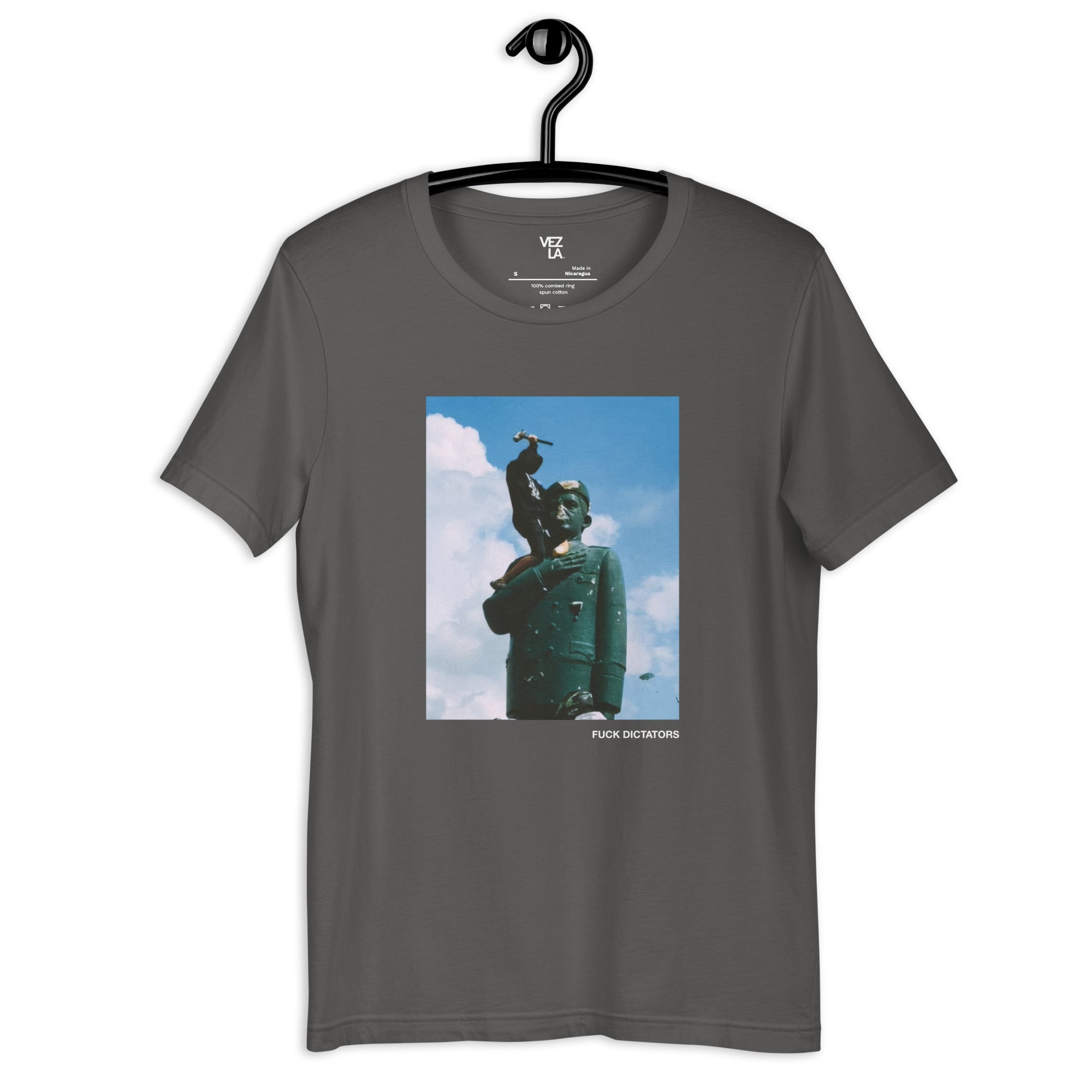 “F*ck Dictators” Chávez statue t-shirt in asphalt, front view — Venezuelan political humor #color_asphalt