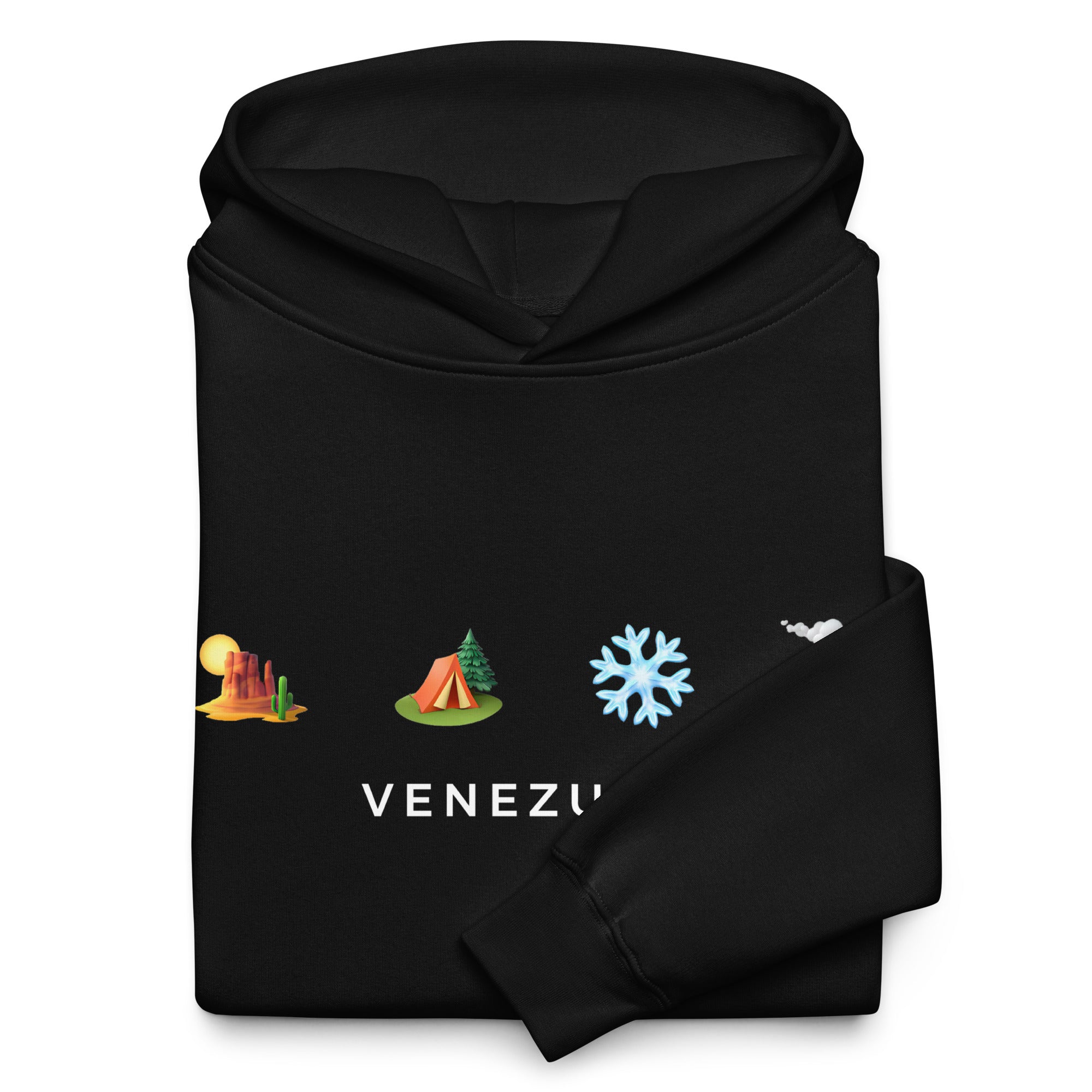 “Desierto, Selva, Nieve y Volcán” oversized hoodie in black, folded detail — ropa venezolana #color_black