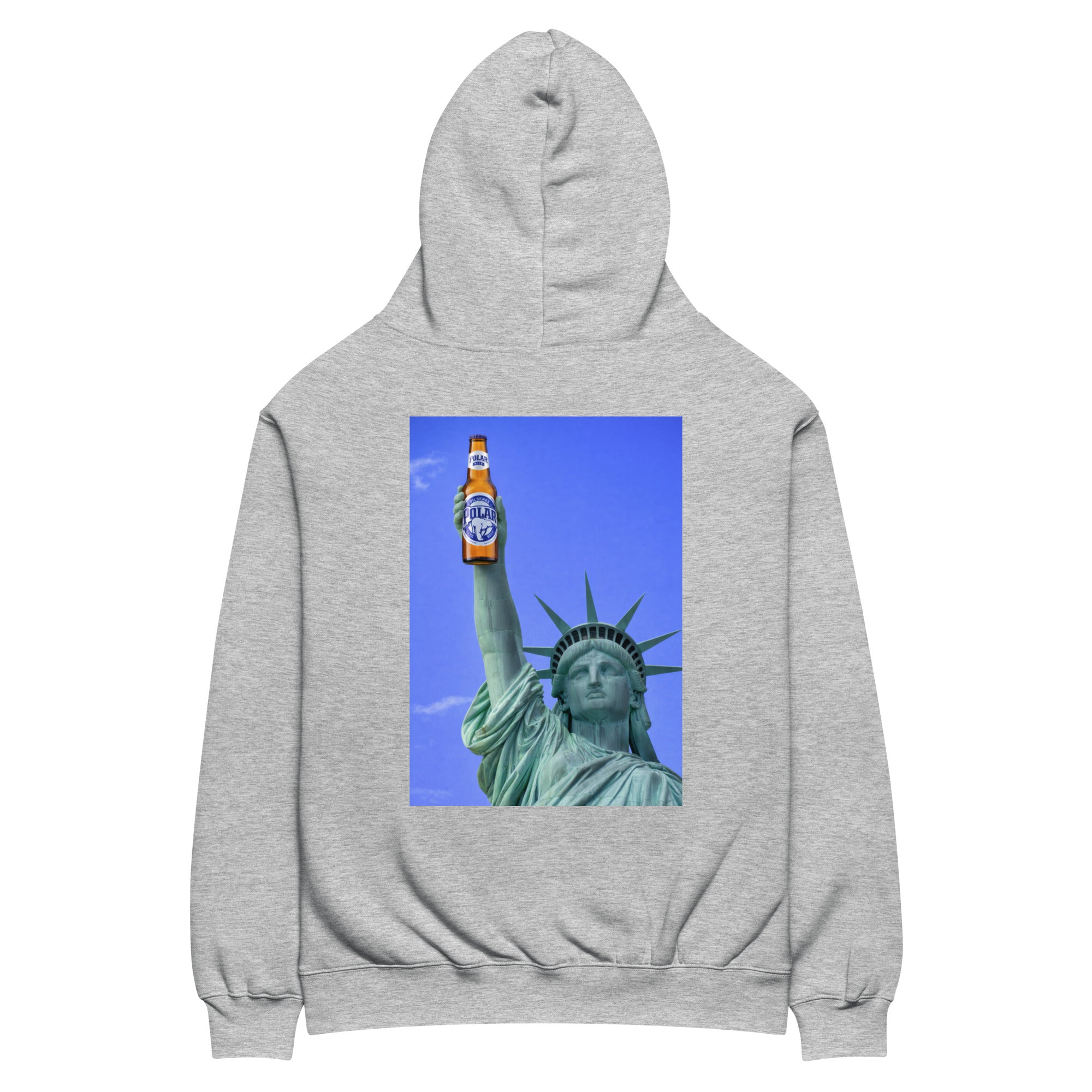 Statue of Liberty holding Polar beer oversized hoodie in athletic heather, front view — Venezuelan American #color_athletic_heather