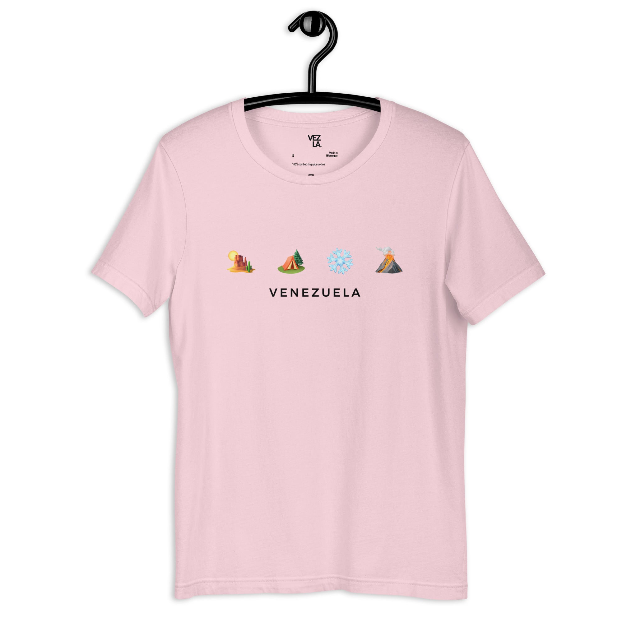“Desierto, selva, nieve y volcán” t-shirt in soft pink, front view — ropa venezolana #color_soft_pink