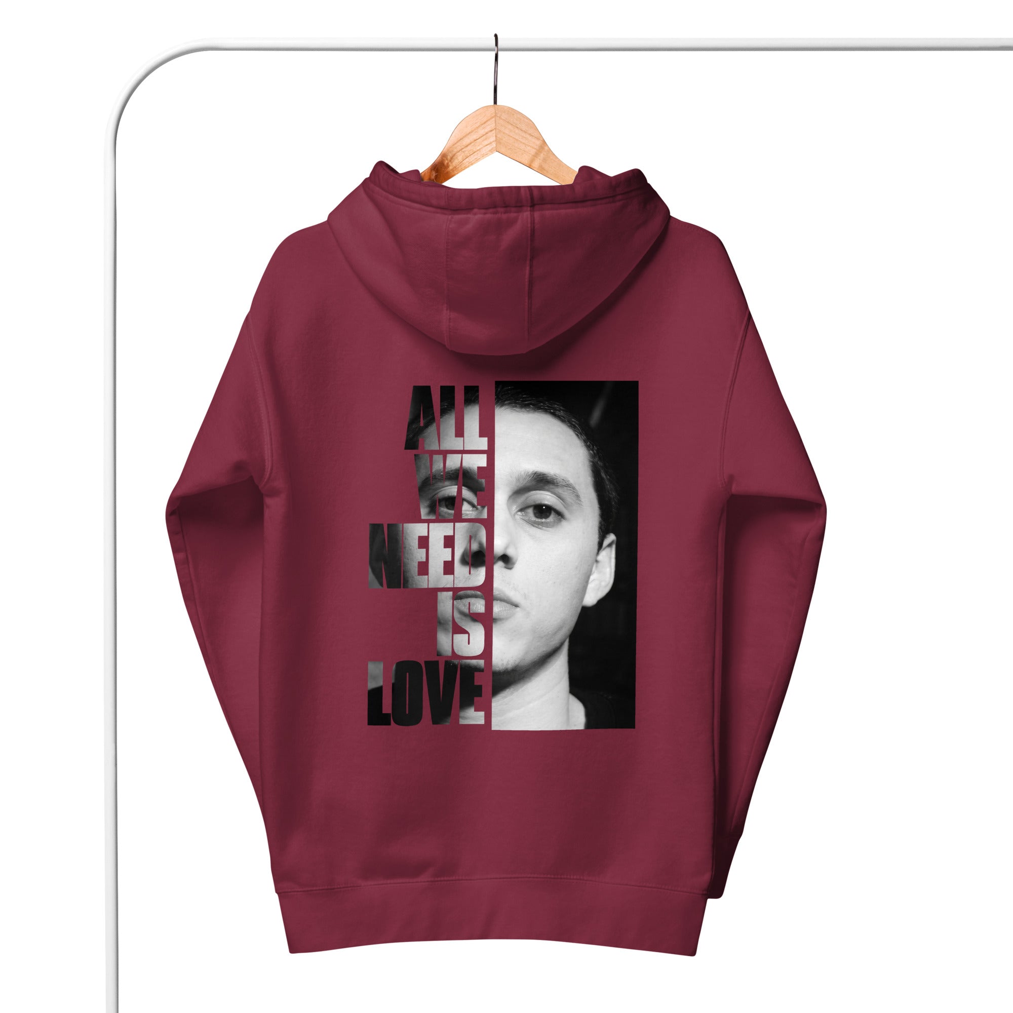 Canserbero “All We Need Is Love” hoodie in maroon, front view — Canserbero merch #color_maroon