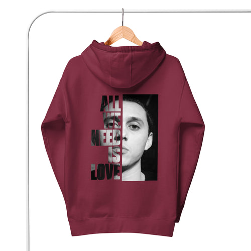 Canserbero “All We Need Is Love” hoodie in maroon, front view — Canserbero merch #color_maroon