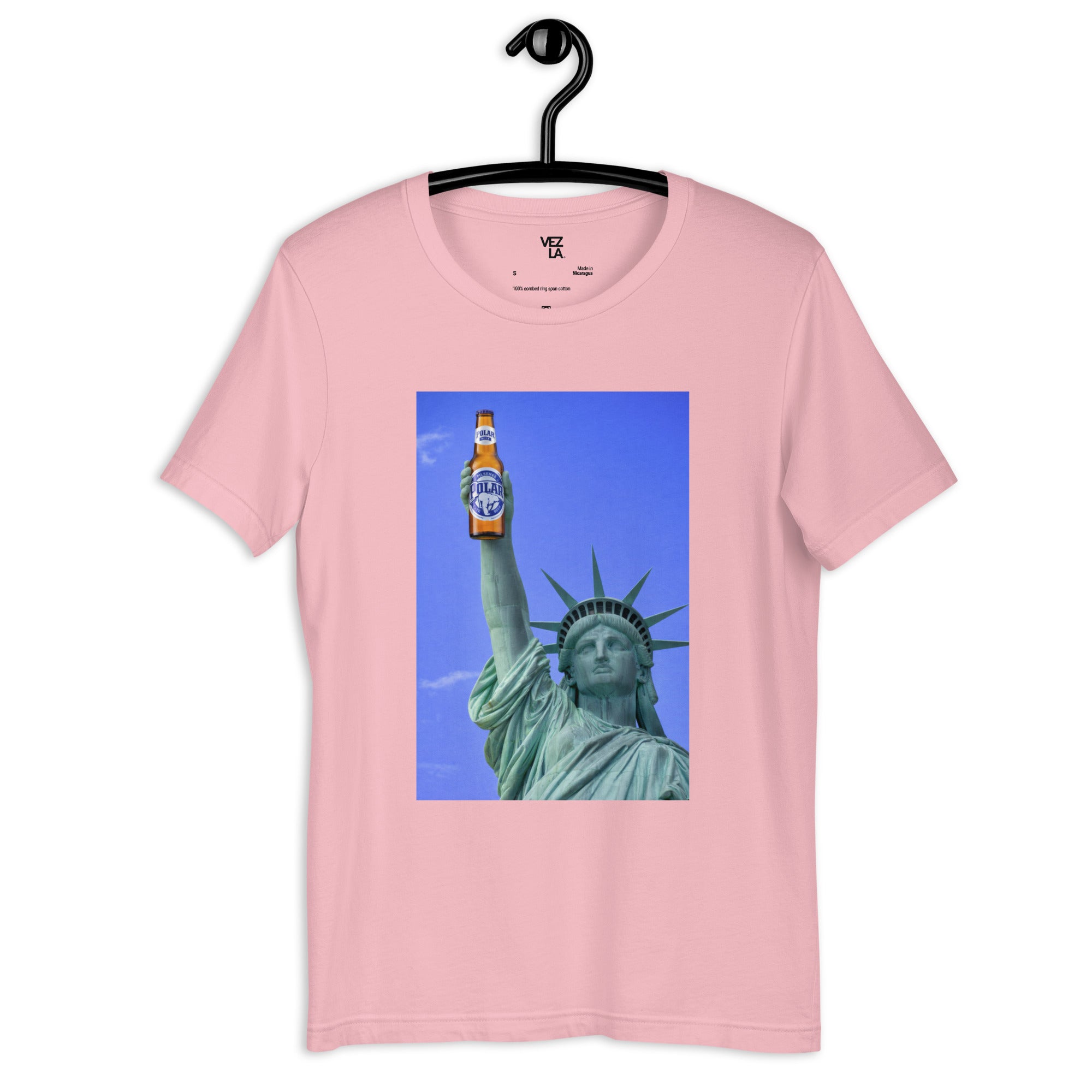 Statue of Liberty holding Polar beer t-shirt in pink, front view — Venezuelan American #color_pink